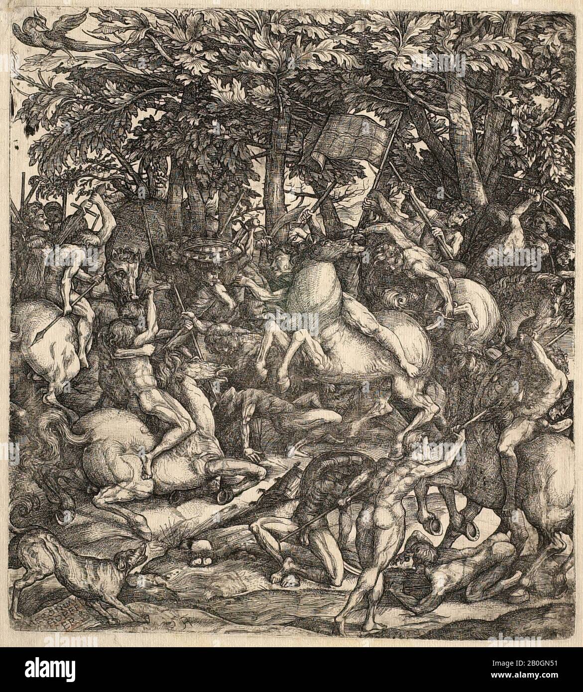 Hieronymus Hopfer, tedesco, attivo c. 1520-1530, Dopo Domenico Campagnola, (italiano, 1500-1564), Combattimento tra la cavalleria e la fanteria, 1520-1550, Attacco su carta, piatto: 9 1/2 x 8 3/4 in. (24,2 x 22,2 cm Foto Stock