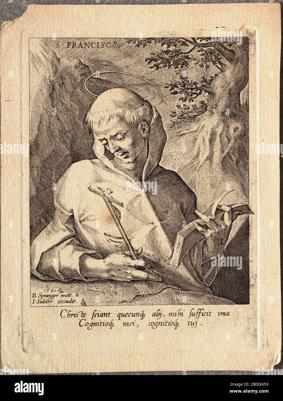 Jan Sadeler i, fiammingo, 1550–1600, Dopo Bartholomaeus Spranger, (fiammingo, 1546–1611), San Francesco, 1580, incisione su carta posata, immagine: 4 3/4 x 3 7/8 in. (12,1 x 9,8 cm Foto Stock