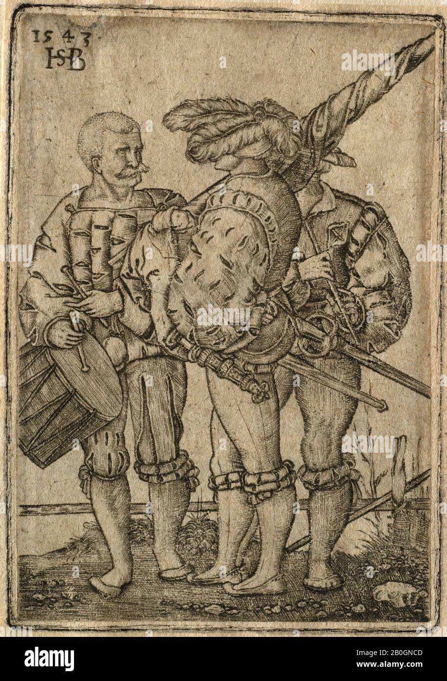 Dopo Hans Sebald Beham, tedesco, 1500–1550, Ensign, Batterista e Piper, 1530–1800, incisione su carta, immagine: 2 11/16 x 1 15/16 in. (6,9 x 4,9 cm Foto Stock