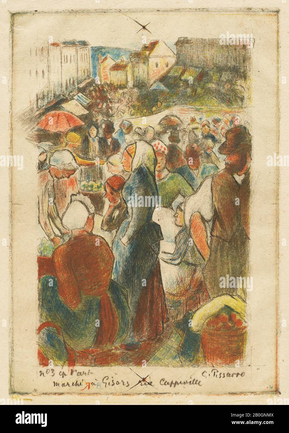 Camille Pissarro, Francese, 1830–1903, Il Mercato Gisors, Rue Cappeville, C. 1894, Incisione su carta, lastra: 7 7/8 x 5 1/2 in. (20 x 13,9 cm Foto Stock