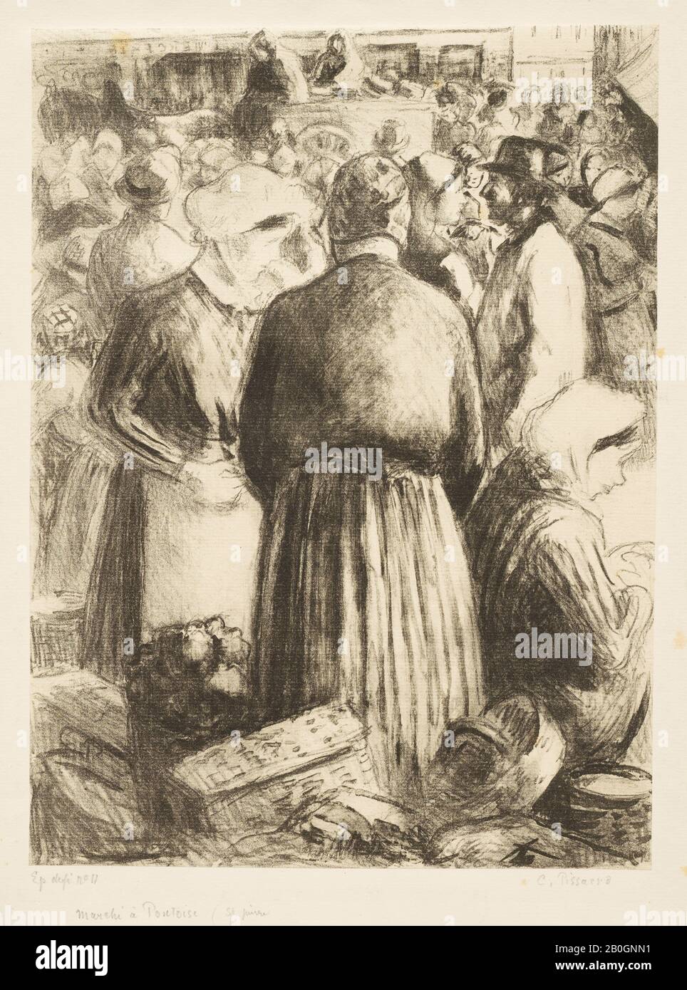 Camille Pissarro, Francese, 1830–1903, Il Mercato Di Pontoise, C. 1895, litografia su carta, immagine: 11 7/8 x 8 11/16 in. (30,1 x 22,1 cm Foto Stock