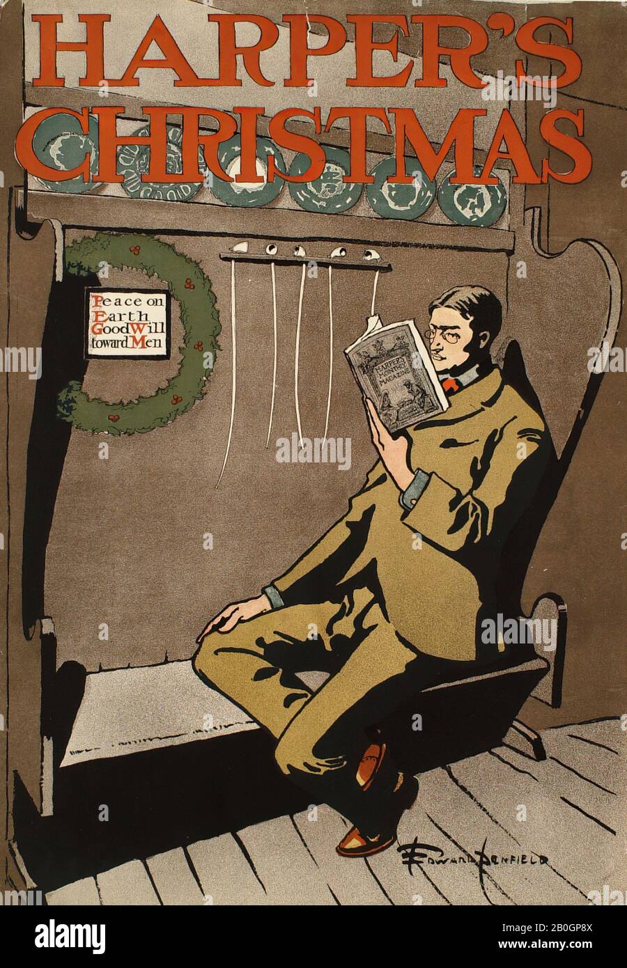 Edward Penfield, americano, 1866–1925, uomo in abito marrone Seduto su una panchina, Harper di Natale, 1885–1915, Zincograph su carta, foglio: 18 13/16 x 13 1/8 in. (47,8 x 33,4 cm Foto Stock