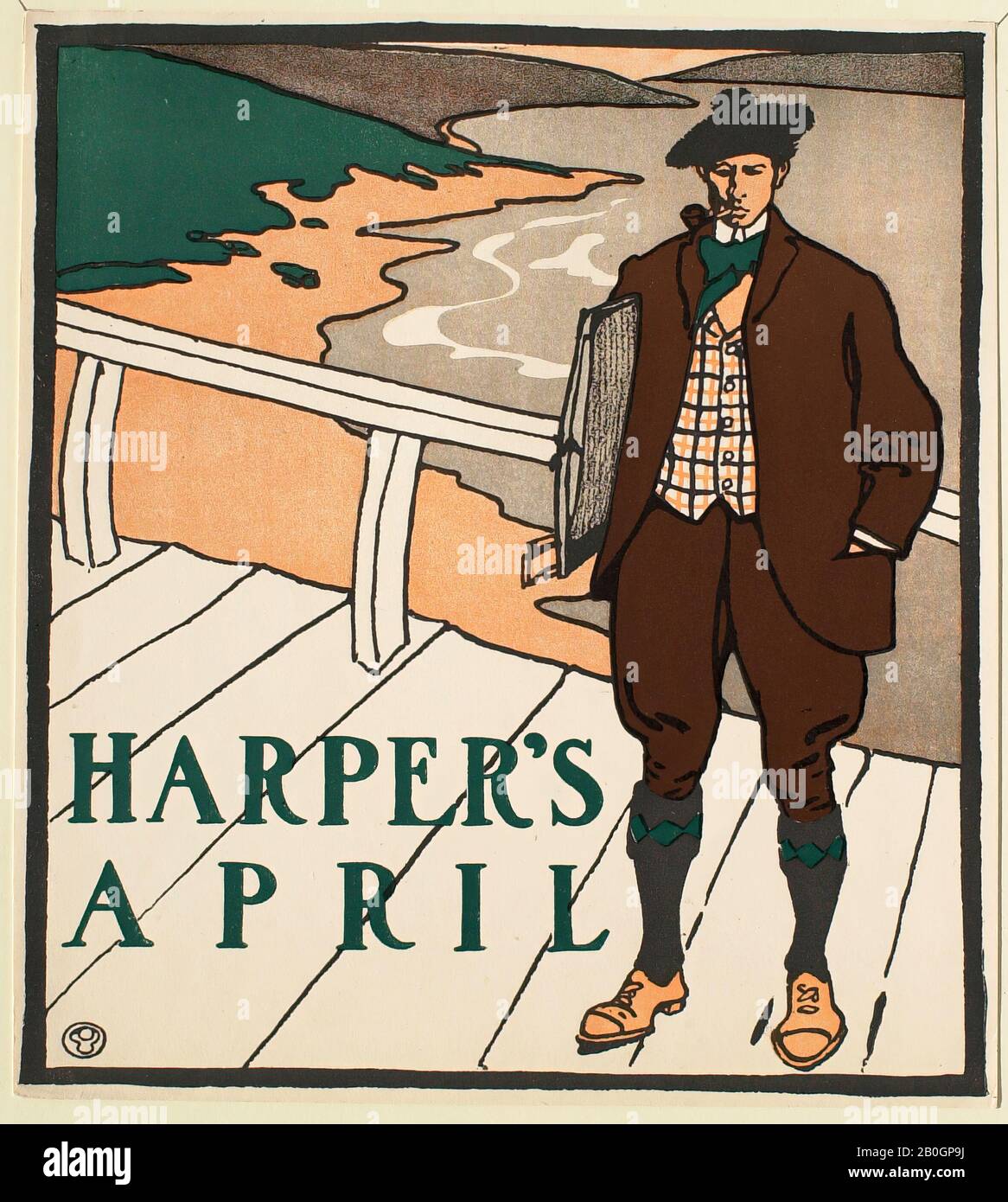 Edward Penfield, American, 1866–1925, Man on Bridge, April Harper's, 1885–1915, Zincograph su carta, foglio: 9 15/16 x 9 1/8 in. (25,3 x 23,2 cm Foto Stock