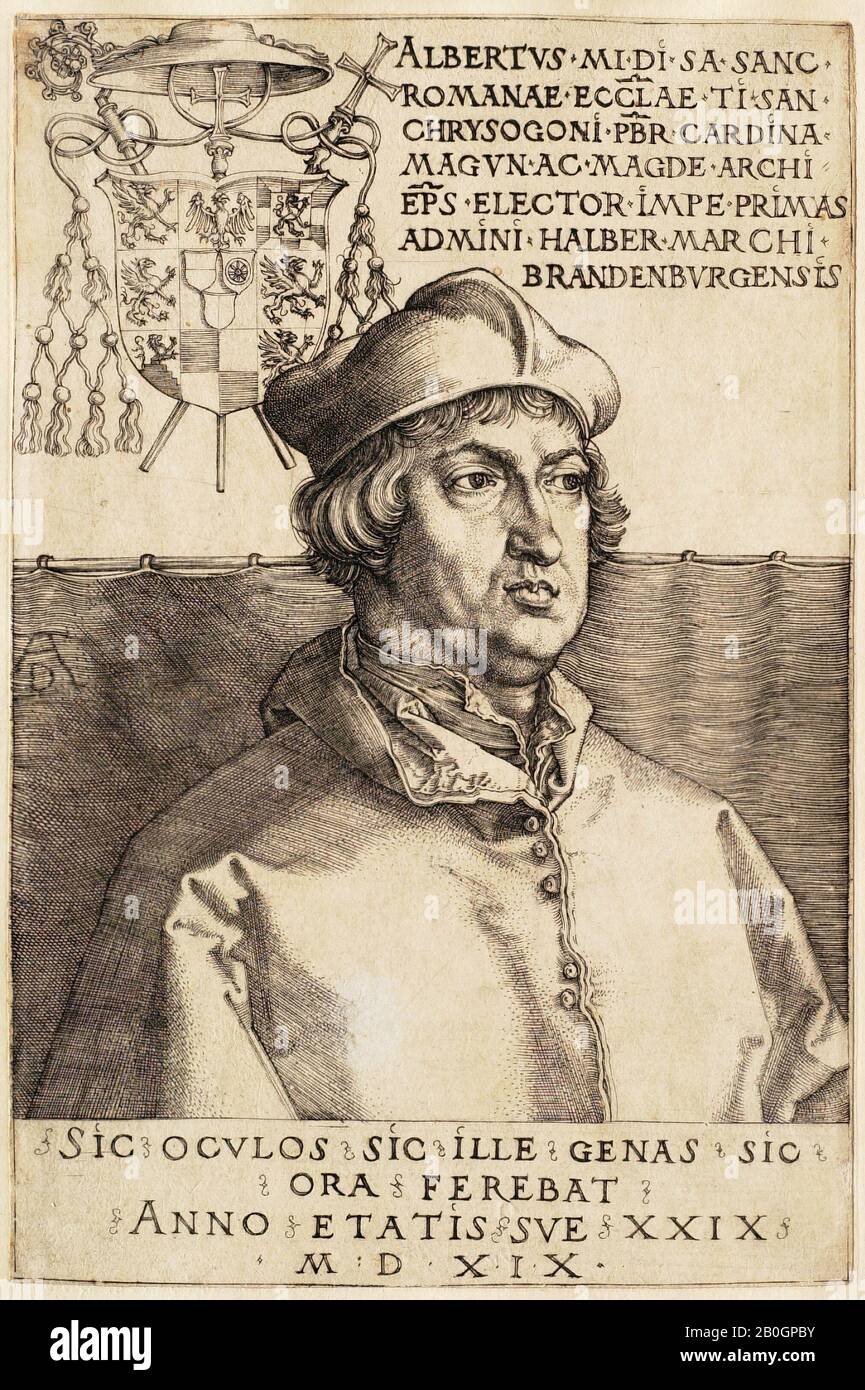 Albrecht Dürer, tedesco, 1471–1528, cardinale Albrecht di Brandeburgo (il piccolo cardinale), 1519, incisione su carta, immagine: 5 3/4 x 3 13/16 in. (14,6 x 9,7 cm Foto Stock