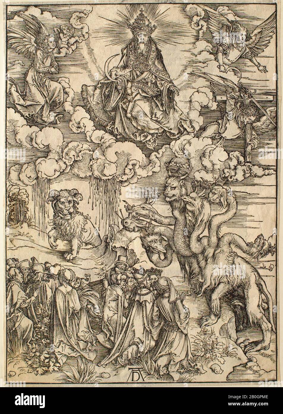 Albrecht Dürer, tedesco, 1471–1528, l'Apocalisse: La Bestia con Due Horns Come un Agnello, 1496–1497, legno tagliato su carta, Confine: 15 5/8 x 11 1/4 in. (39,7 x 28,6 cm Foto Stock