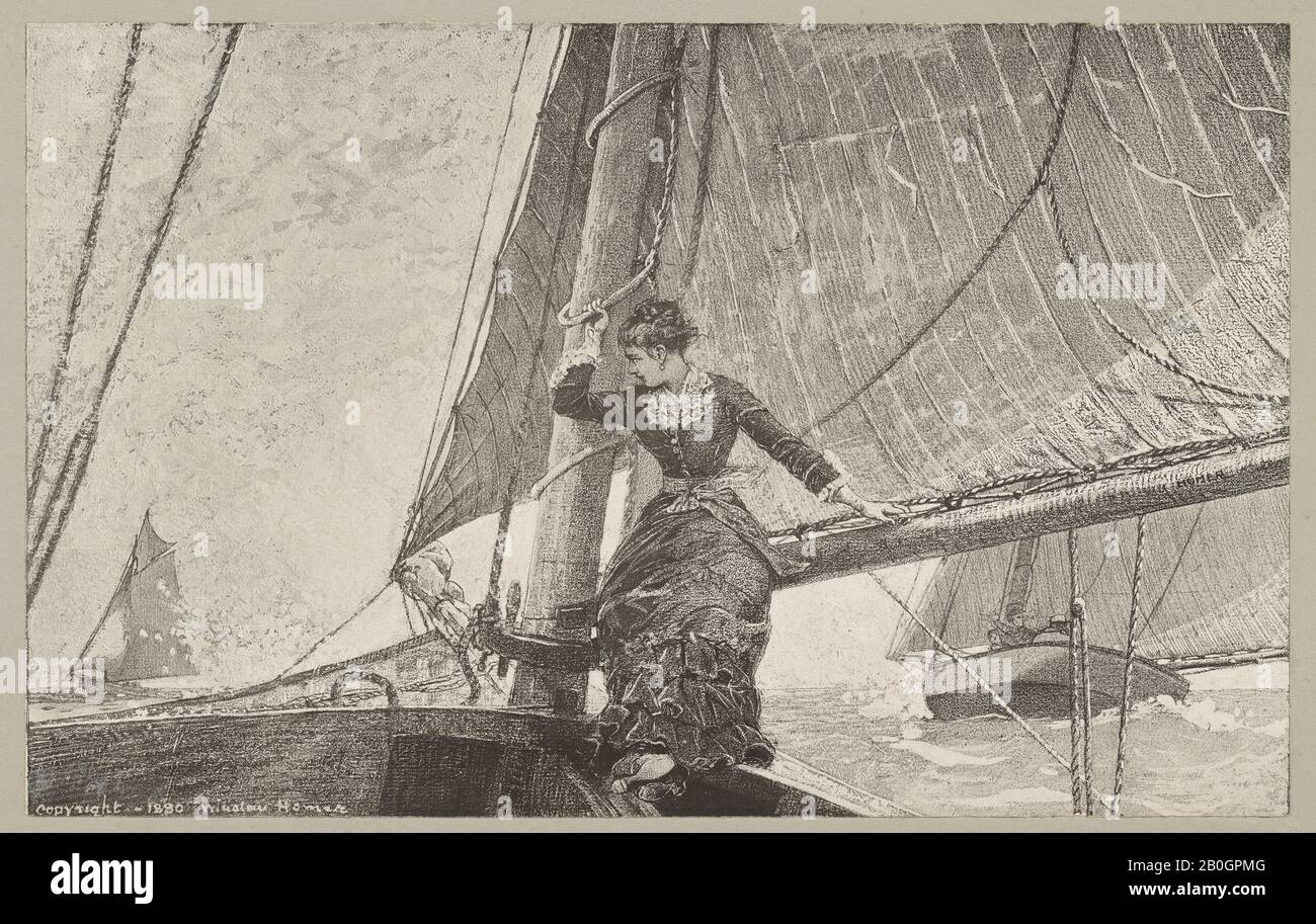 Winslow Homer, American, 1836–1910, Yachting Girl, 1880, Heliotype, con aggiunte in gouache, su carta fotosensibile, montata su carta grigia per le vove, immagine: 7 3/4 x 8 7/16 in. (19,7 x 21,4 cm Foto Stock