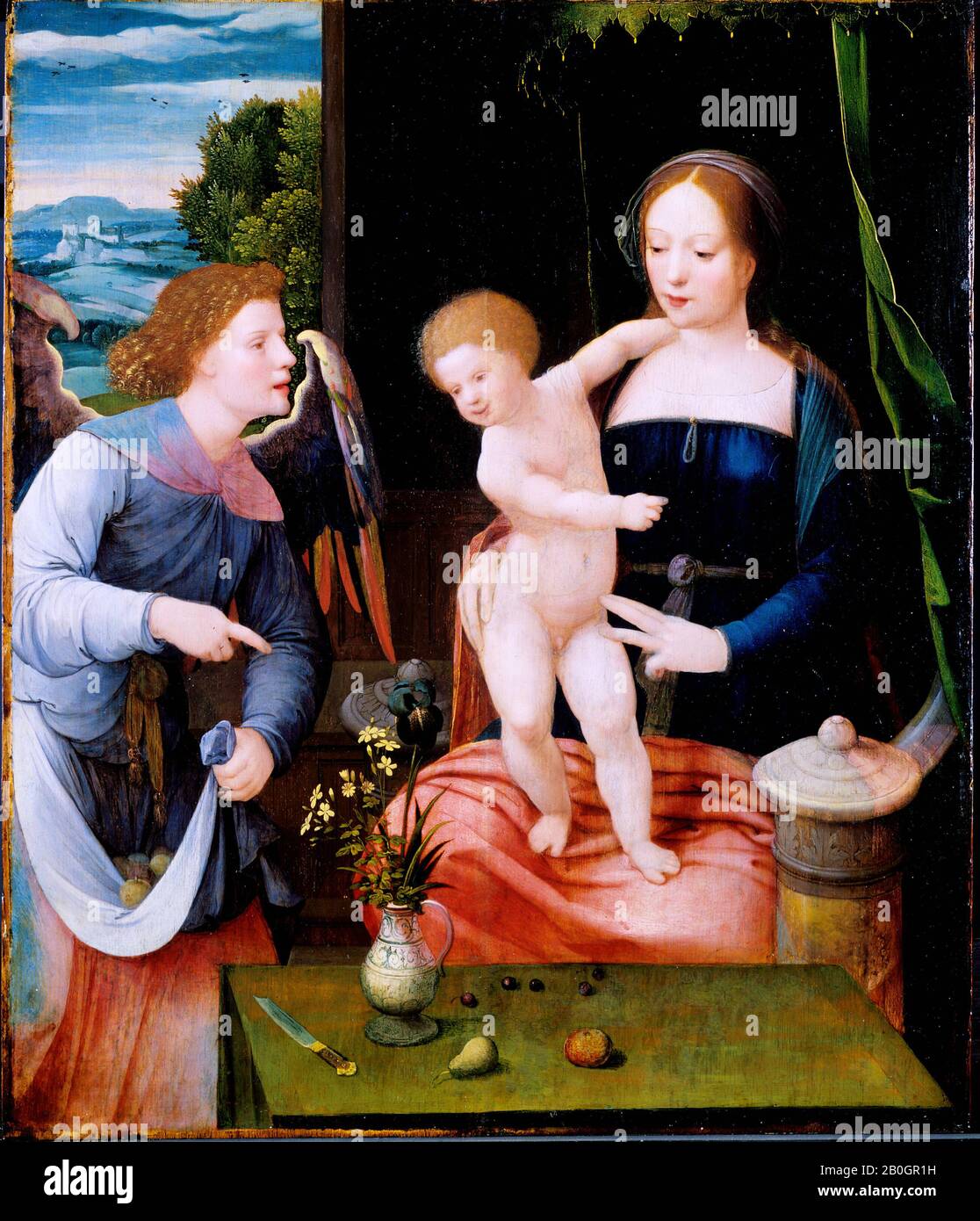 Master of the Female Half-Lengthese, South Netherlandish, Active 1st Half of 16th Century, The Virgin and Child with an Angel, 1525–50, Oil on Panel, 23 3/4 x 20 5/16 in. (60,3 x 51,6 cm Foto Stock