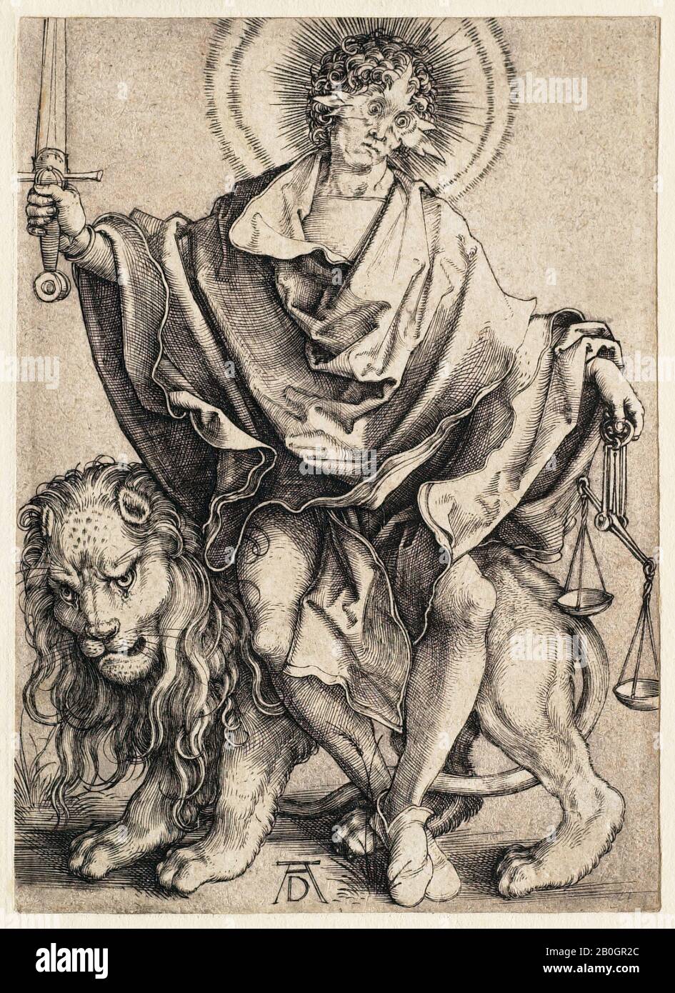 Albrecht Dürer, tedesco, 1471–1528, Sol Iustitiae, 1498–1499, incisione su carta, immagine: 4 1/8 x 2 15/16 in. (10,5 x 7,5 cm Foto Stock