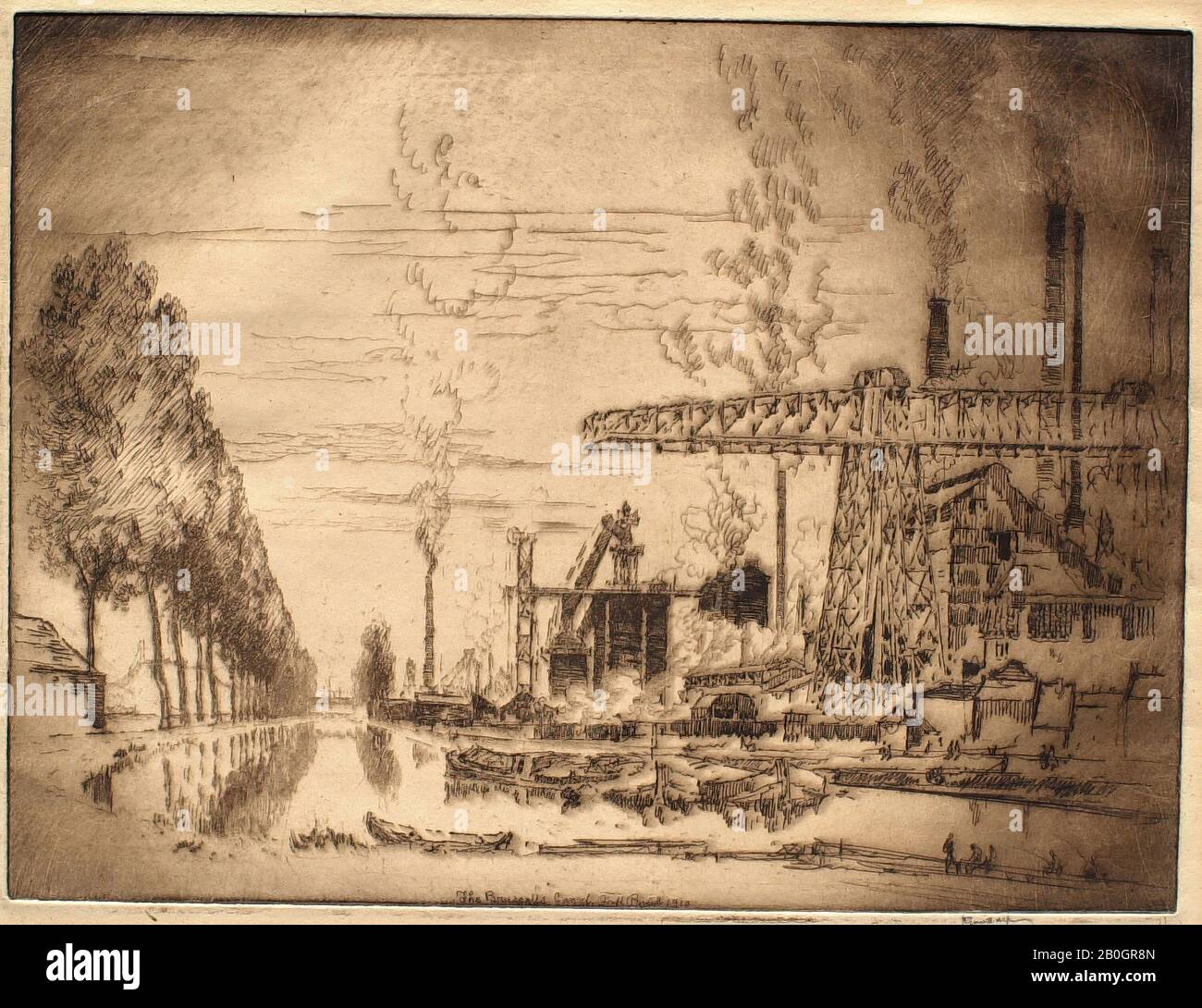 Joseph Pennell, americano, 1857–1926, il canale di Bruxelles, 1910, Incisione su carta, lastra: 9 3/8 x 12 3/8 in. (23,8 x 31,4 cm Foto Stock