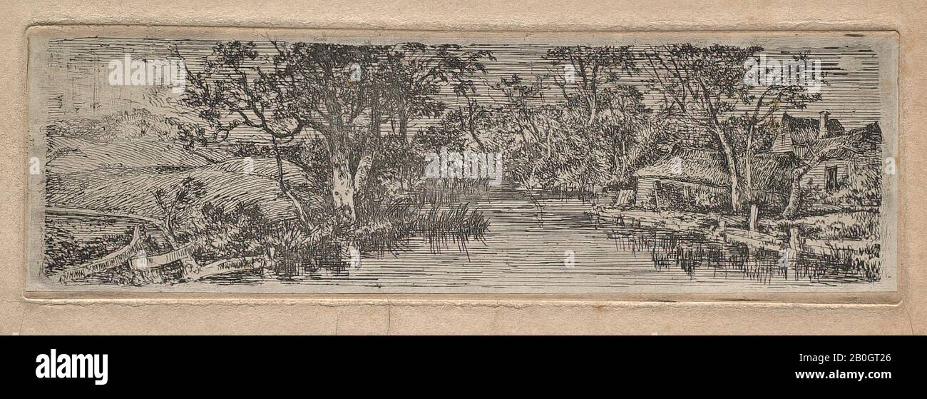John Crome, inglese, 1768–1821, edifici agricoli in piscina, 1778–1821, Incisione su carta, piastra: 2 5/16 x 7 3/8 in. (5,9 x 18,7 cm Foto Stock