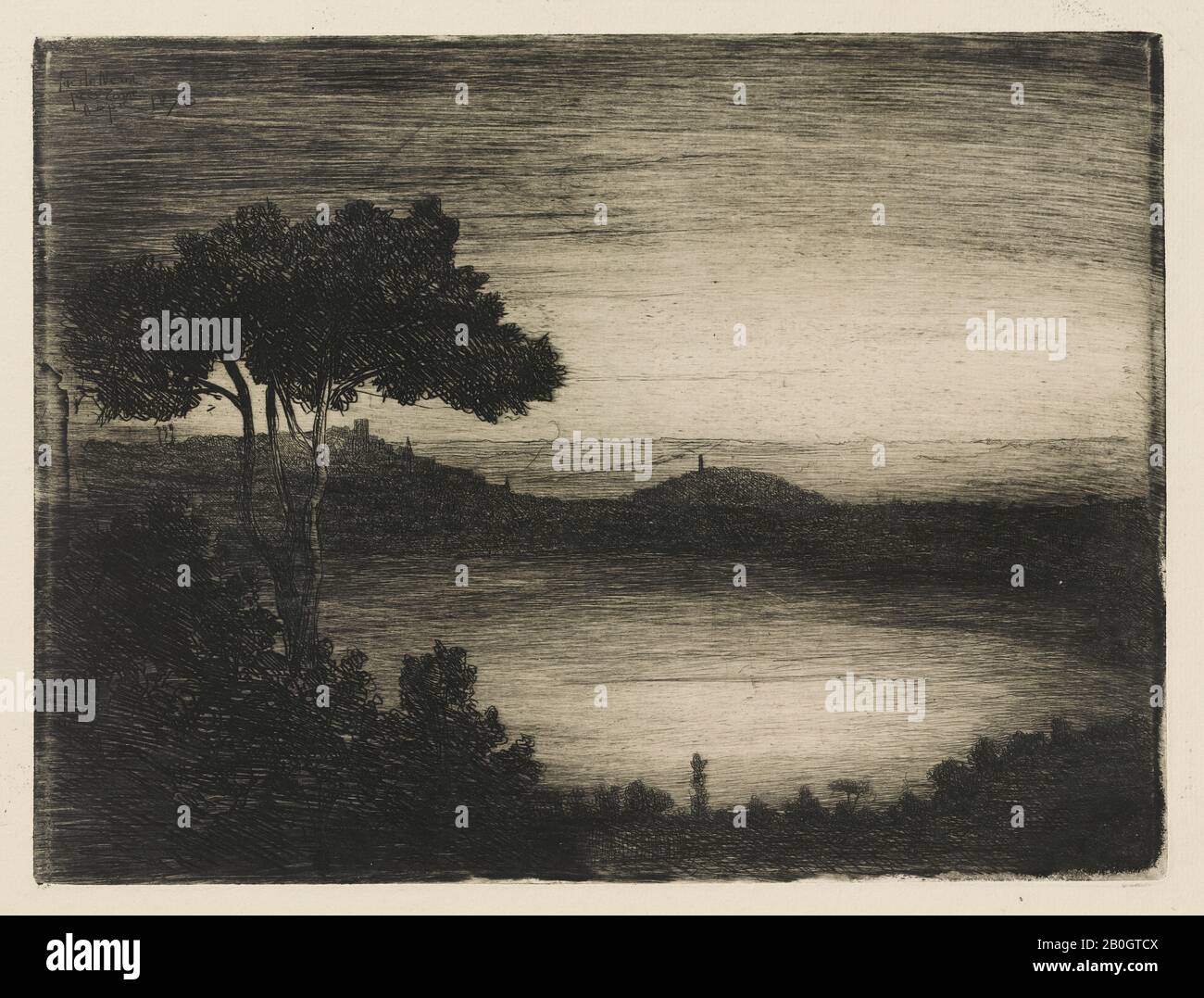 Ludovic Lepic, francese, 1839–1889, Dusk sul lago Nemi, vicino a Roma, 1870, Incisione su carta cremosa, immagine: 9 3/8 x 12 1/2 in. (23,8 x 31,7 cm Foto Stock