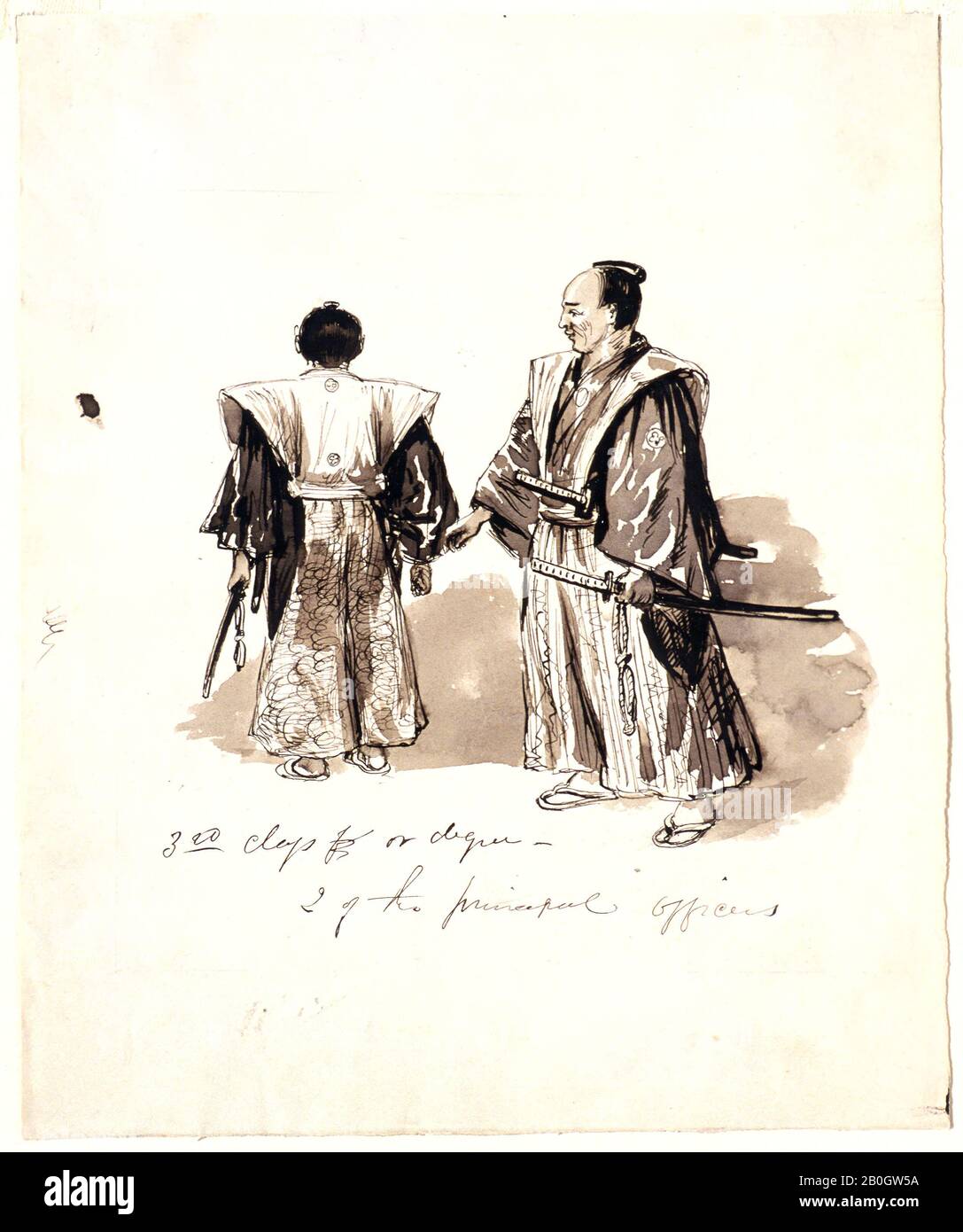 Alfred R. Waud, americano, 1828–1891, Due ufficiali giapponesi, 1860, penna e inchiostro e lavaggio marrone su carta, Totale: 9 7/16 x 7 13/16 in. (24 x 19,8 cm Foto Stock