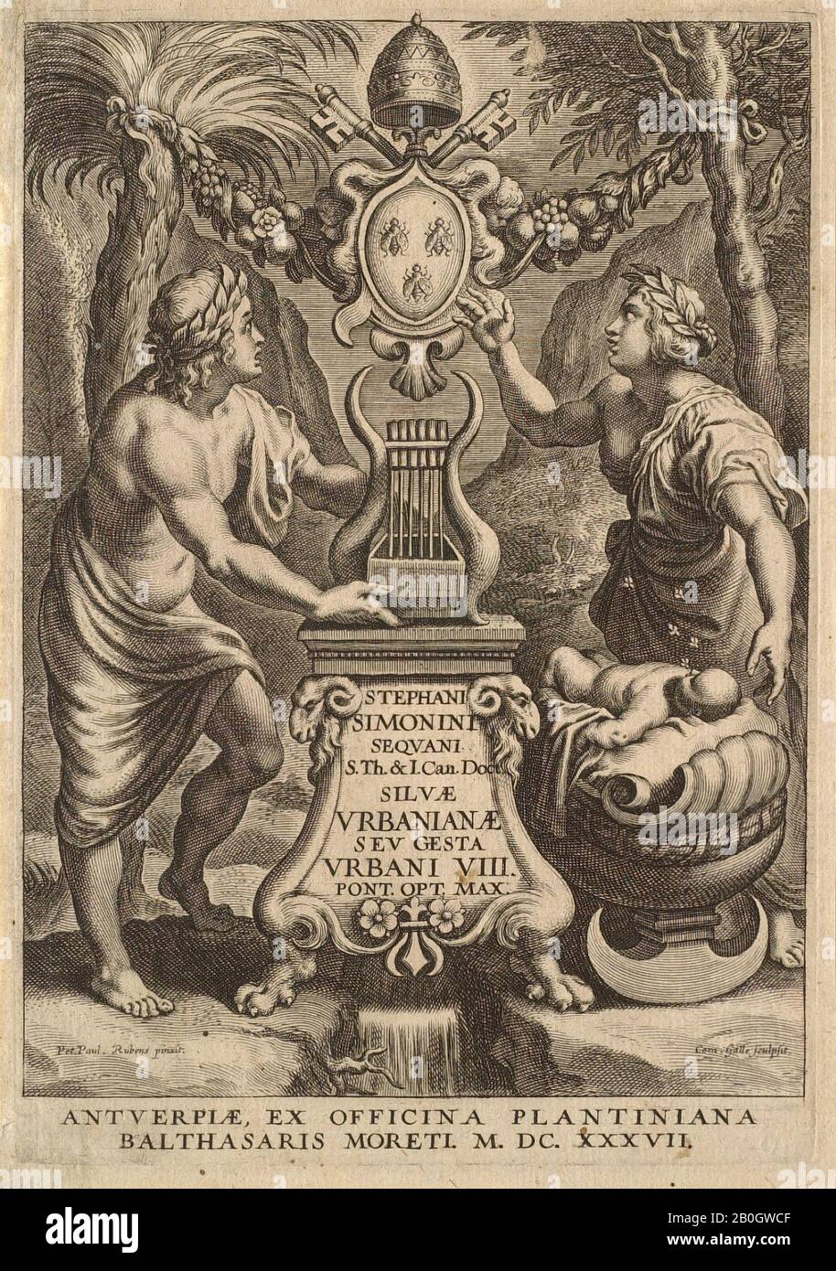 Cornelis Galle i, fiammingo, 1576–1650, Dopo Peter Paul Rubens, (fiammingo, 1577–1640), Frontespizio per Mattheus Casimir Sarbievski, Poems, Anversa, dedicato a Urban VIII, 1637, incisione su carta, foglio: 7 13/16 x 5 7/16 in. (19,9 x 13,8 cm Foto Stock