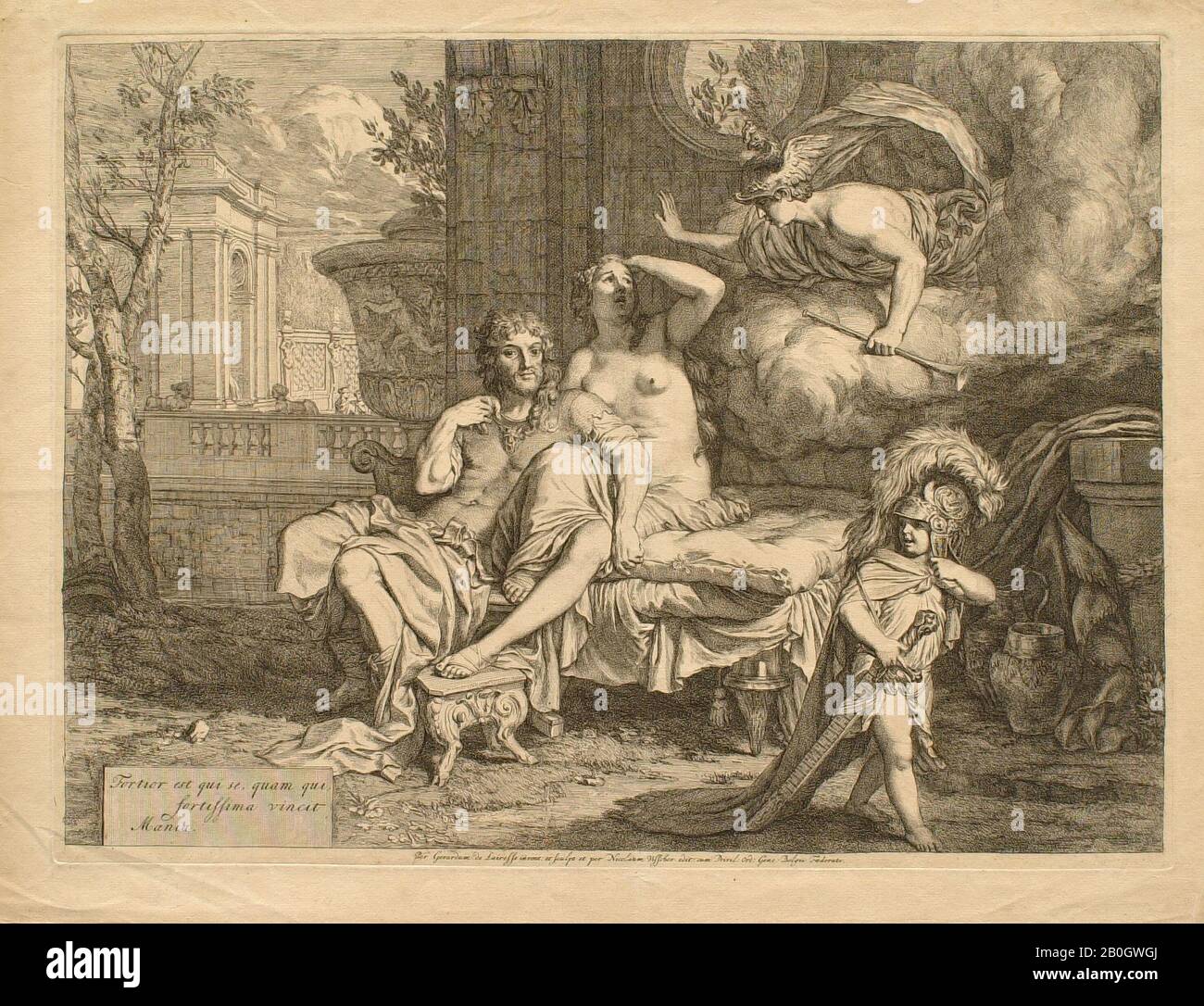 Gerard De Lairesse, Fiammingo, 1640–1711, Mercurio Ordina Calypso A Let Ulysses Partenza, C. 1670, Incisione su carta, immagine: 13 15/16 x 18 5/8 in. (35,4 x 47,3 cm Foto Stock