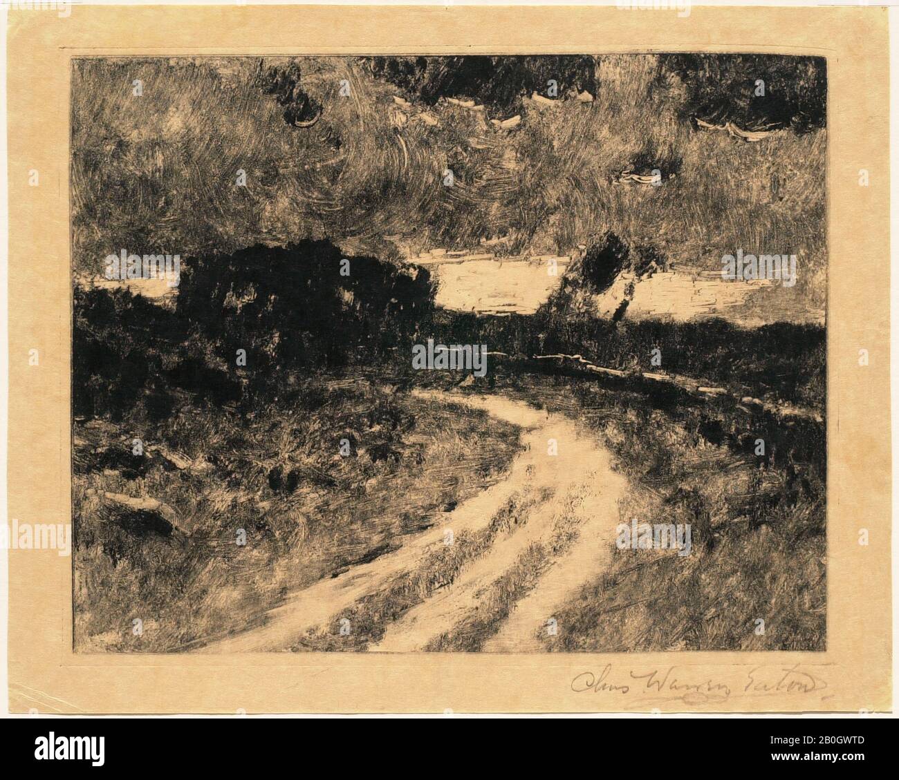 Charles Warren Eaton, americano, 1857–1937, Paesaggio con Strada Tortuosa, 1867–1937, monotipo su carta wove, immagine: 7 1/16 x 8 7/8 in. (18 x 22,5 cm Foto Stock