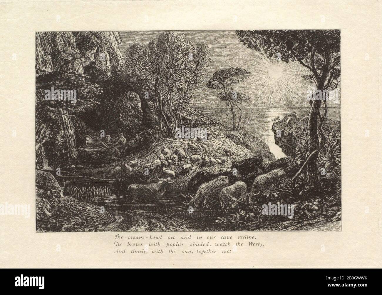 Samuel Palmer, inglese, 1805–1881, Moeris e Galatea, dagli Eclogues di Virgil, 1883–84, Incisione su carta wove, immagine: 3 7/8 x 5 7/8 in. (9,9 x 15 cm Foto Stock