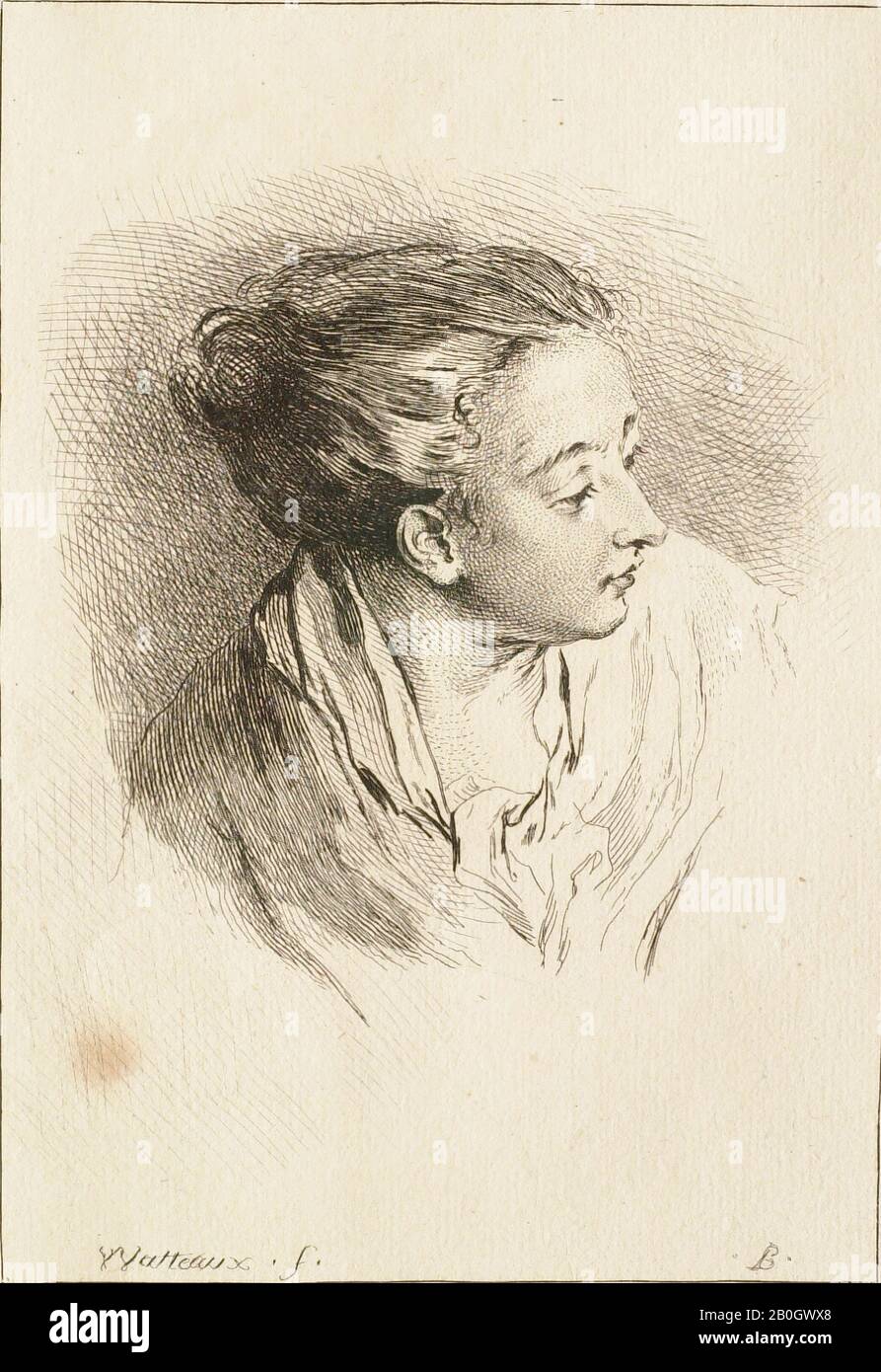 François Boucher, francese, 1703–1770, Dopo Jean-Antoine Watteau, (francese, 1684–1721), Busto di Donna con i capelli Tirati indietro, dopo il 1721, Incisione su carta, immagine: 7 3/16 x 4 15/16 in. (18,2 x 12,5 cm Foto Stock