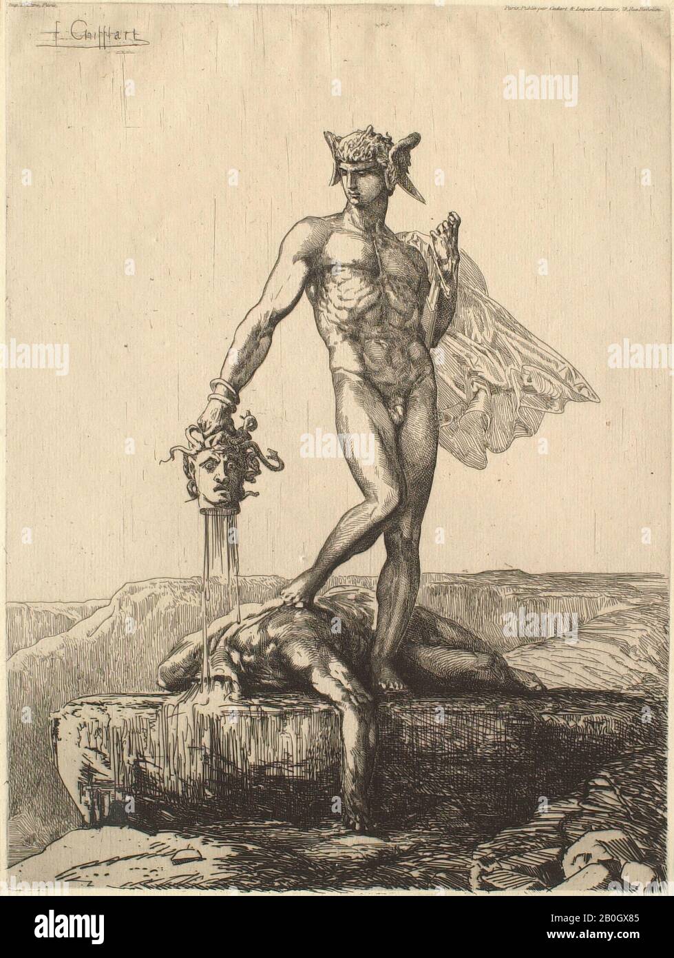 François Chifflart, francese, 1825–1901, Perseo con testa Severed di Medusa, 1870s, Incisione su carta posata, immagine: 12 3/16 x 9 1/8 in. (31 x 23,2 cm Foto Stock