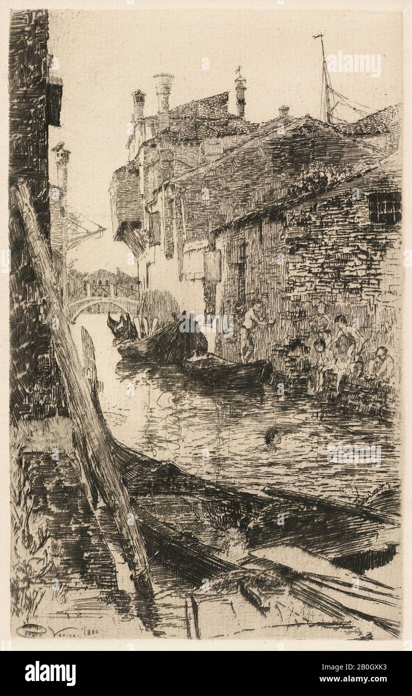 Charles Abel Corwin, americano, 1857–1938, scena lungo un canale veneziano, 1880, Incisione su carta wove, immagine: 7 15/16 x 4 7/8 in. (20,1 x 12,4 cm Foto Stock