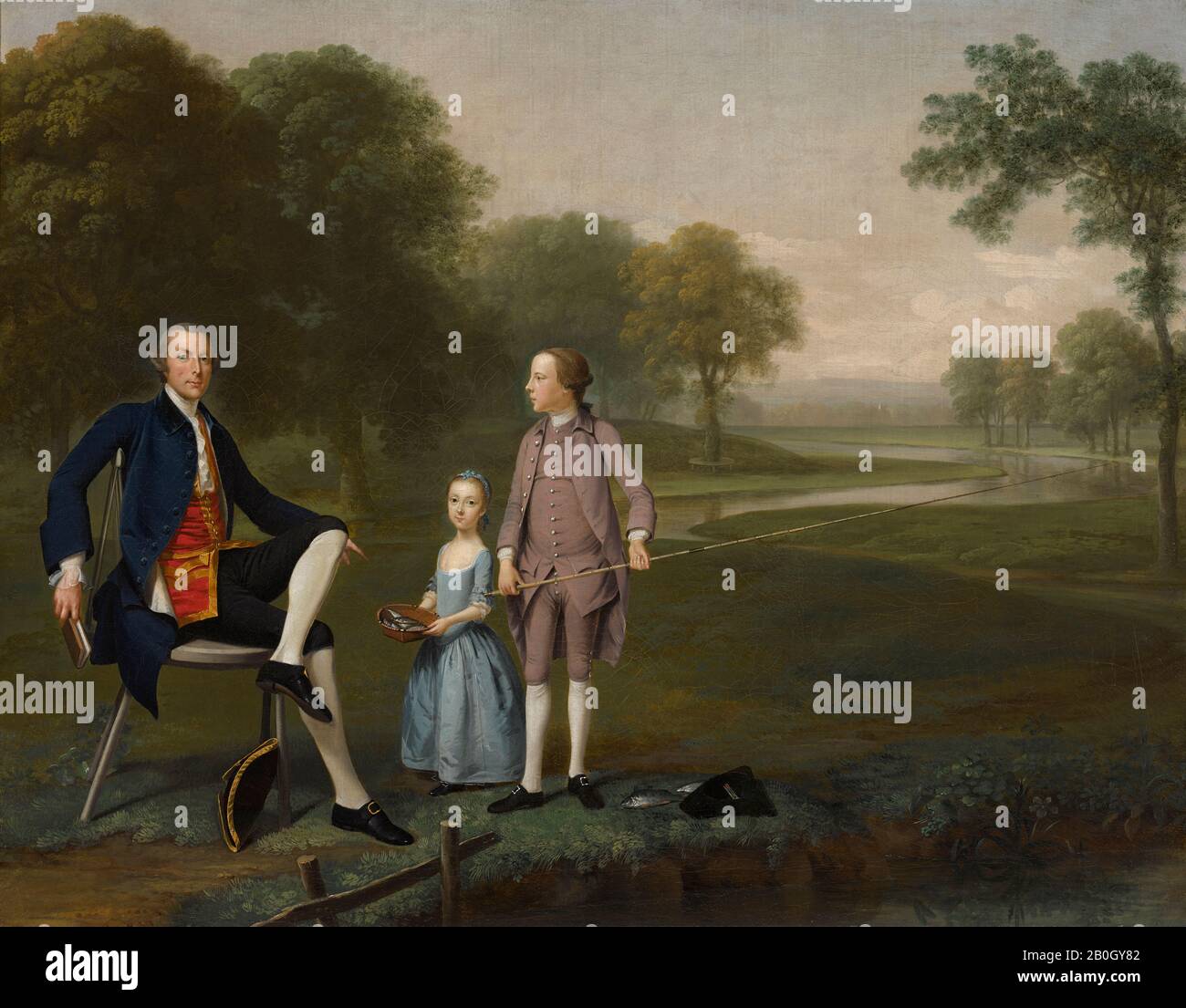 Arthur Devis, inglese, 1712–1787, Richard Moreton, Esq. Di Tackley con Il suo nephew e La Nipote John e Susanna Weyland, 1757, olio su tela, 28 x 36 pollici. (71,1 x 91,4 cm Foto Stock