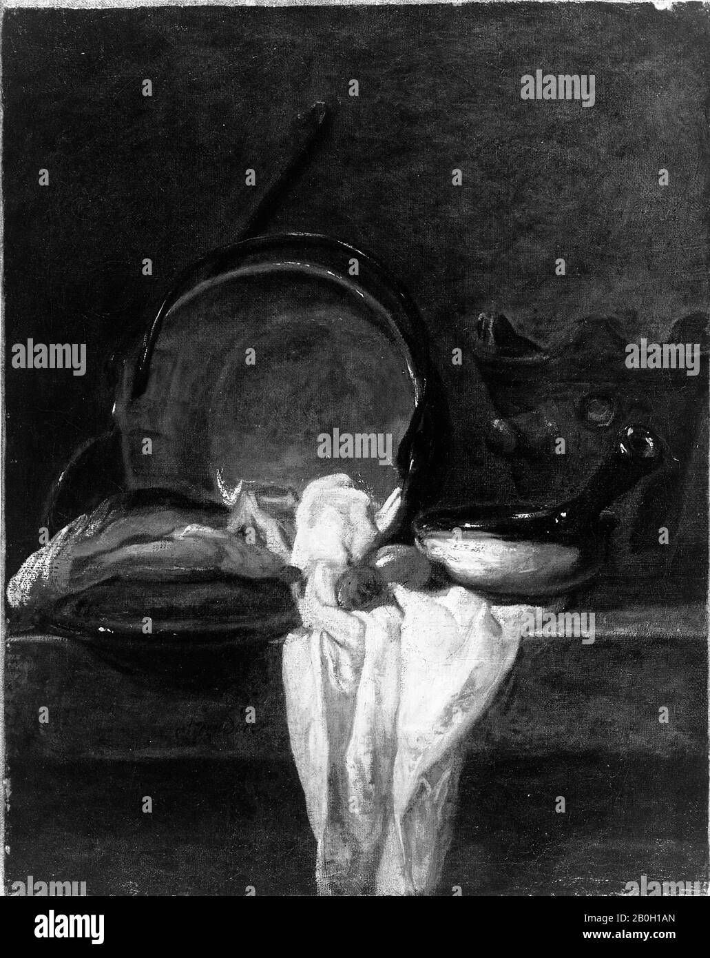 Jean-Siméon Chardin, francese, 1699–1779, Pot cucina e Mestolo con Un Panno bianco, c. 1729, olio su tela, 15 3/8 x 12 1/8 in. (39,1 x 30,8 cm Foto Stock