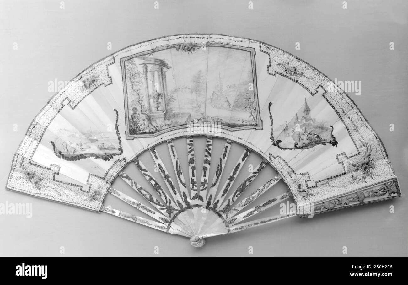 Lutto fan, forse tedesco, ca. 1770–90, possibilmente tedesco, Kid, inchiostro indiano, madreperla, argento, 20 1/2 x 11 1/8 in. (52,1 x 28,3 cm), Ventilatori Foto Stock