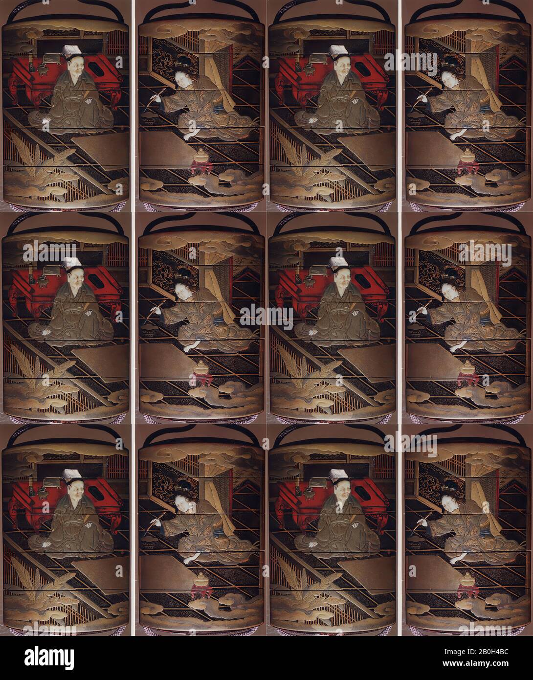 Hasensai Senjin, Case (Inrō) con disegno di cinese Scholar Seduto a bassa scrivania (obverse); Lady Using Brush (reverse), Giappone, periodo Edo (1615–1868), Hasensai Senjin, 19th secolo, Giappone, Lacquer decorato con lacca iramakie cosparsa e lucidata, avorio intagliato, e madre di perla intarsio; Ojime: Corallo: Netsuuke: fiore d'avorio, 3 7/16 x 2 1/4 x 13/16 in. (8,8 x 5,7 x 2 cm), Inrō Foto Stock