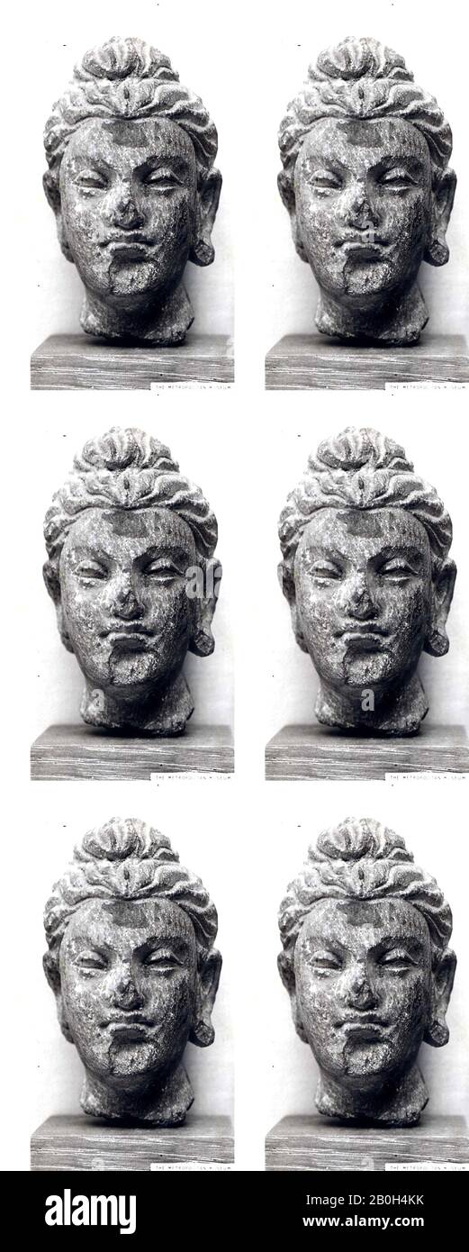 Capo di Buddha, Pakistan (antica regione di Gandhara), 3rd–5th secolo, Pakistan (antica regione di Gandhara), pietra, H. 2 3/4 in. (7 cm), scultura Foto Stock