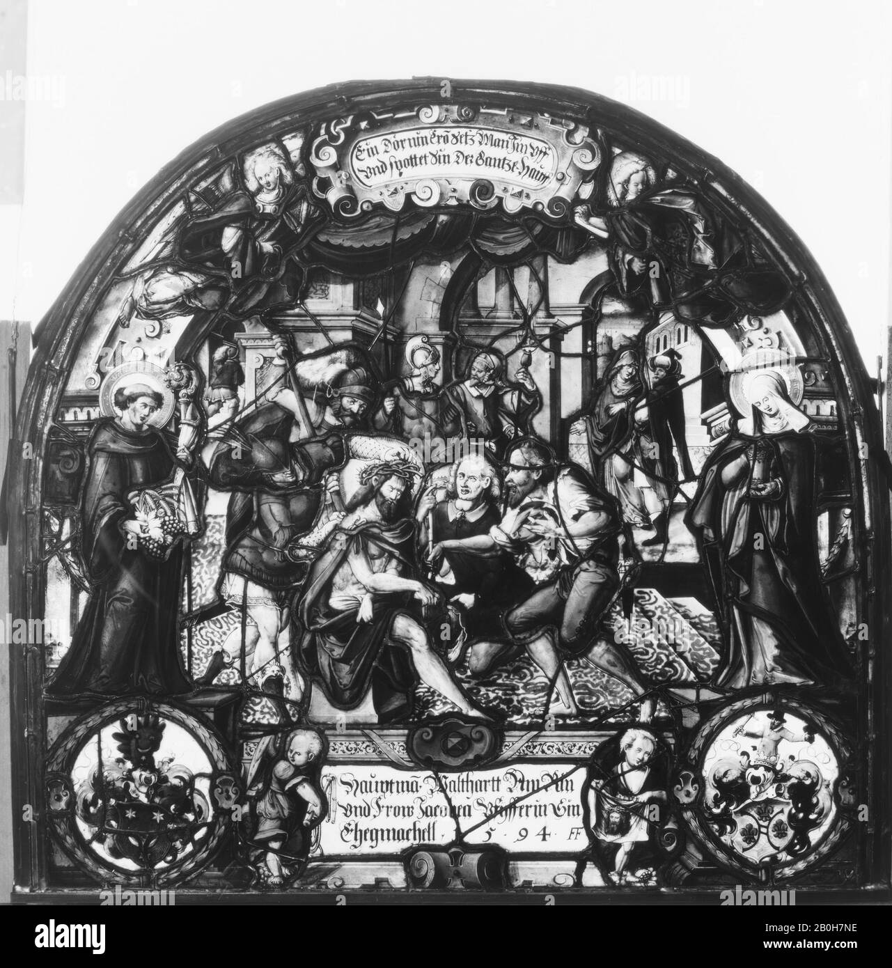 Dipinto da Franz Fallenter, il mocking di Cristo, svizzero, Lucerna, Dipinto da Franz Fallenter (attivo 1612–16), 1594, svizzero, Lucerna, vetrate, Complessivo: 27 1/2 × 29 in. (69,9 × 73,7 cm), Vetrate Foto Stock