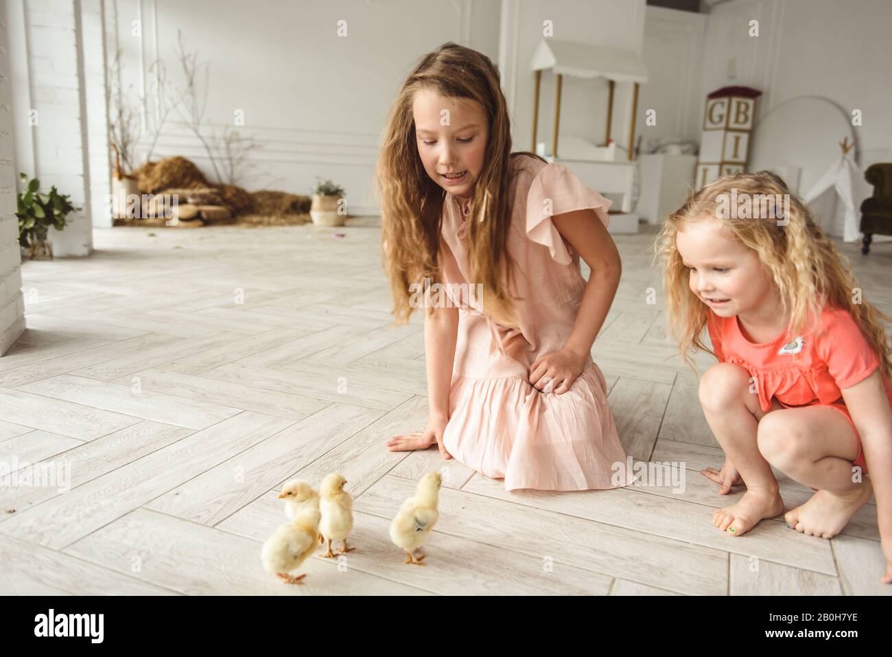 Bambini che giocano con le anatre per Pasqua Foto Stock