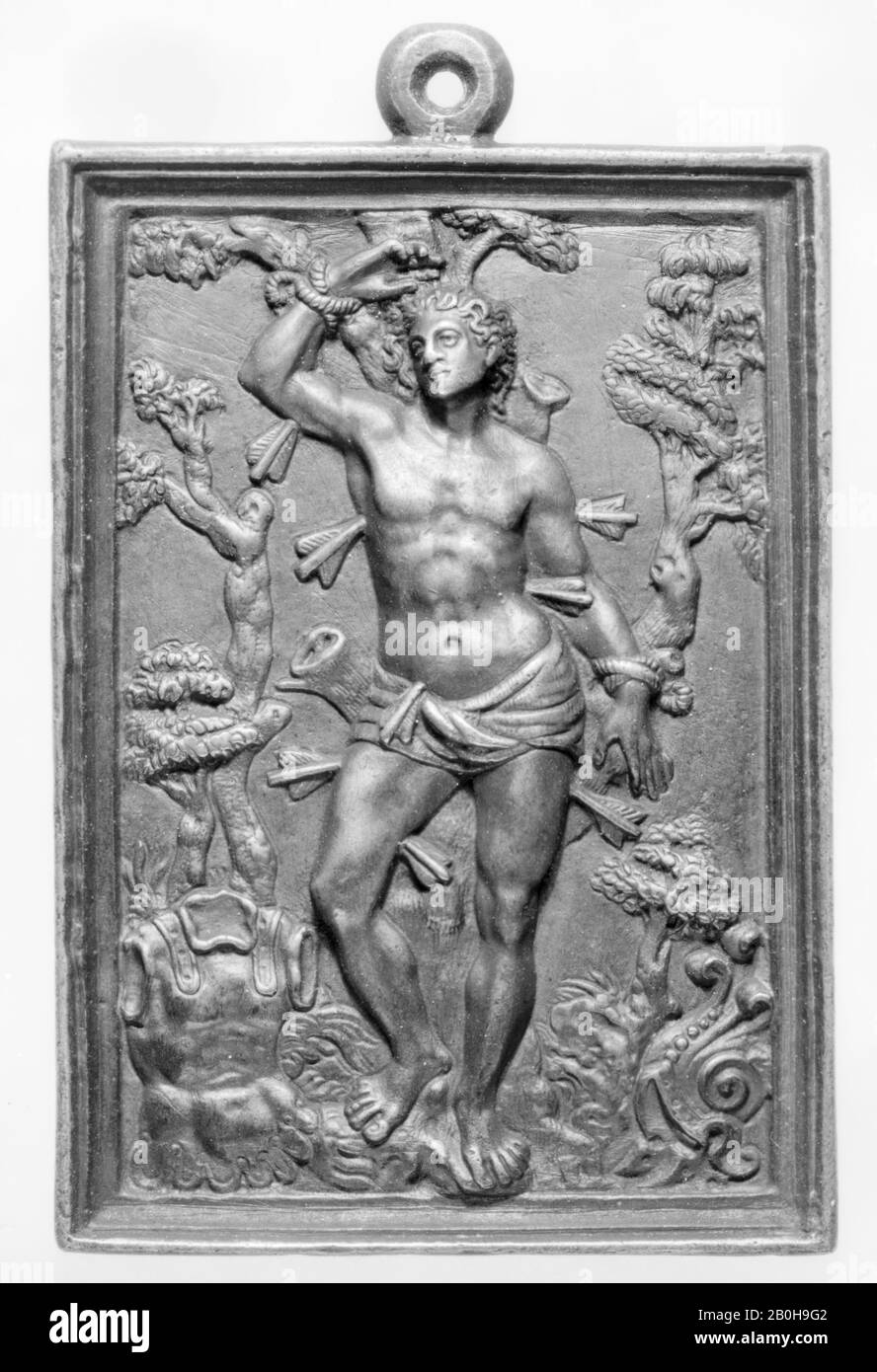 Martirio di San Sebastiano, spagnolo, 16th secolo, spagnolo, bronzo Dorato, 4 × 2 13/16 in. (10,2 × 7,1 cm), Medaglie e Plaquettes Foto Stock