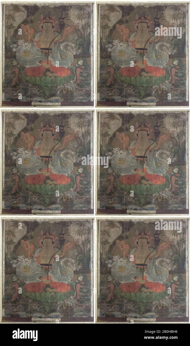 Guanyin Seduto su un Trono di Loto, Corea, dinastia Joseon (1392–1910), Data 15th secolo, Corea, inchiostro su seta, immagine: 27 3/4 × 24 3/4 in. (70,5 × 62,9 cm), Totale con montaggio: 29 7/8 × 26 in. (75,9 × 66 cm), Dipinti Foto Stock