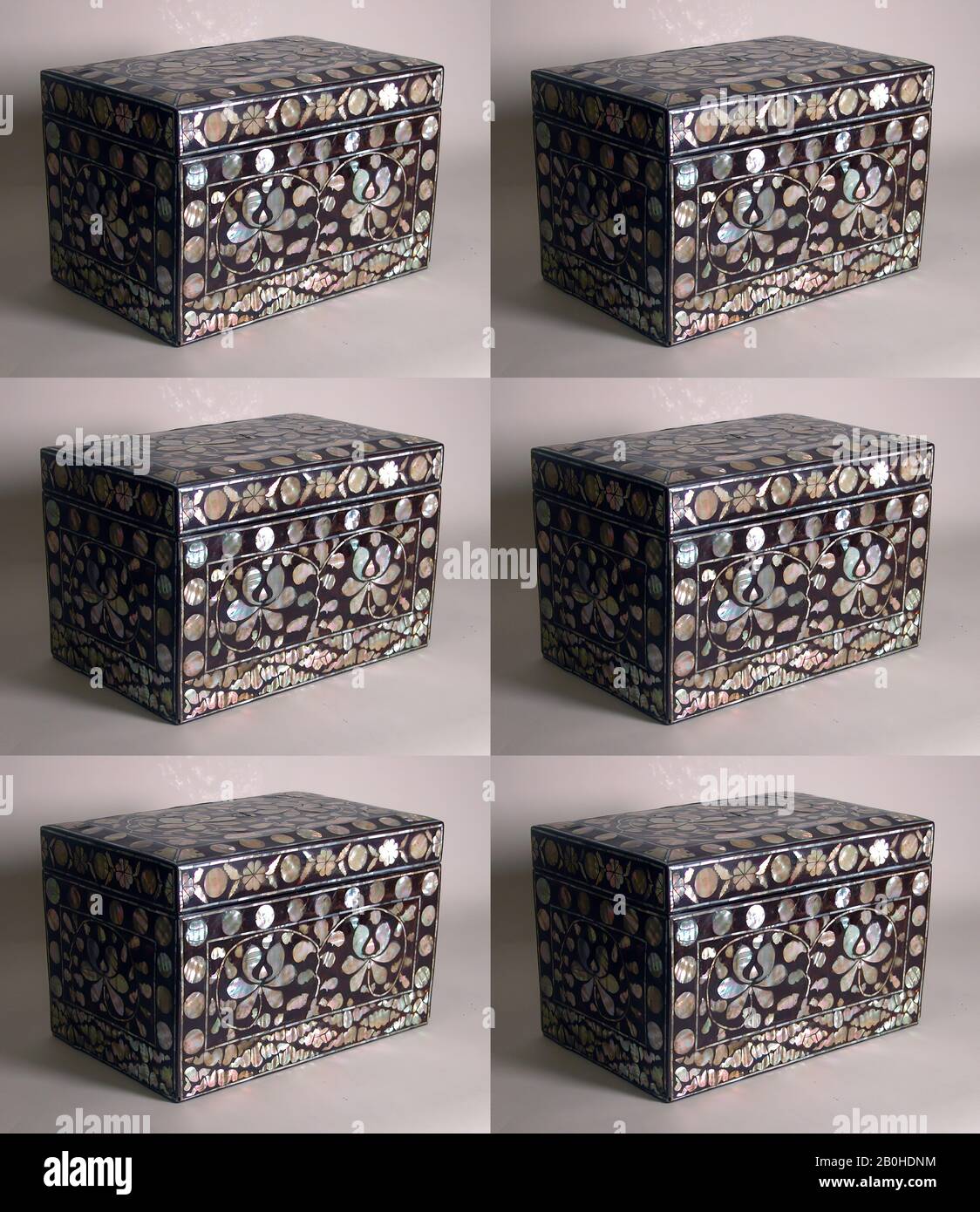 Scatola decorata con loto scorre, Corea, dinastia Joseon (1392–1910), Data 18th secolo, Corea, lacquer intarsiato con madreperla, H. 8 1/4 in. (21 cm); W. 8 1/4 in. (21 cm); D. 12 9/16 in. (31,9 cm), Lacquer Foto Stock