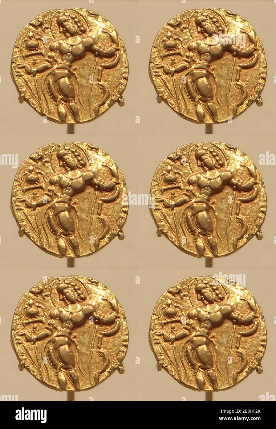 Moneta D'Oro Che Mostra Il Re Kumaragupta Come Archer, India, Periodo Di Gupta, Data 415–455, India, Oro, Diam. 3/4 poll. (1,9 cm), Metallo Foto Stock