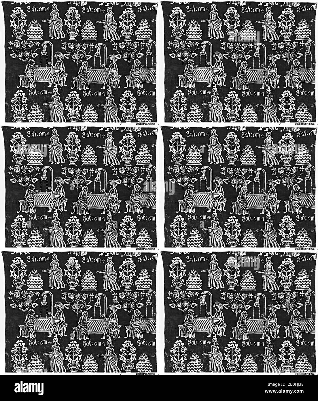Pannello, tedesco, Renania, 17th secolo, tedesco, Renania, lino, L. 59 1/2 x W. 31 pollici, 151,1 x 78,7 cm, Textiles-Stampato Foto Stock