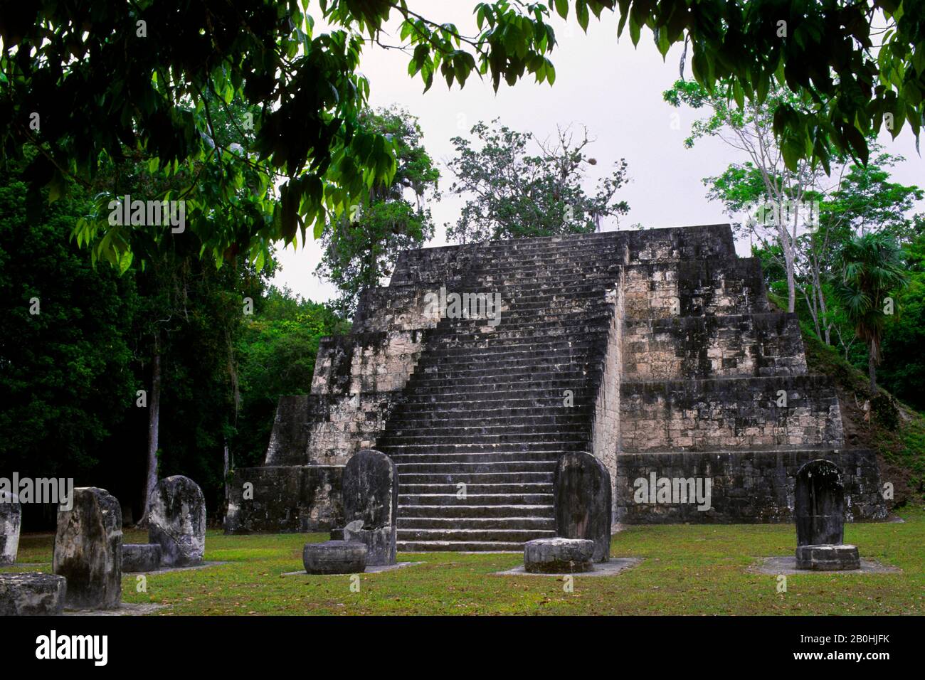 GUATEMALA, TIKAL, PIRAMIDE Q-COMPLESSO, COSTRUITO DAL SOVRANO CHITAM NEL 771 D.C. Foto Stock