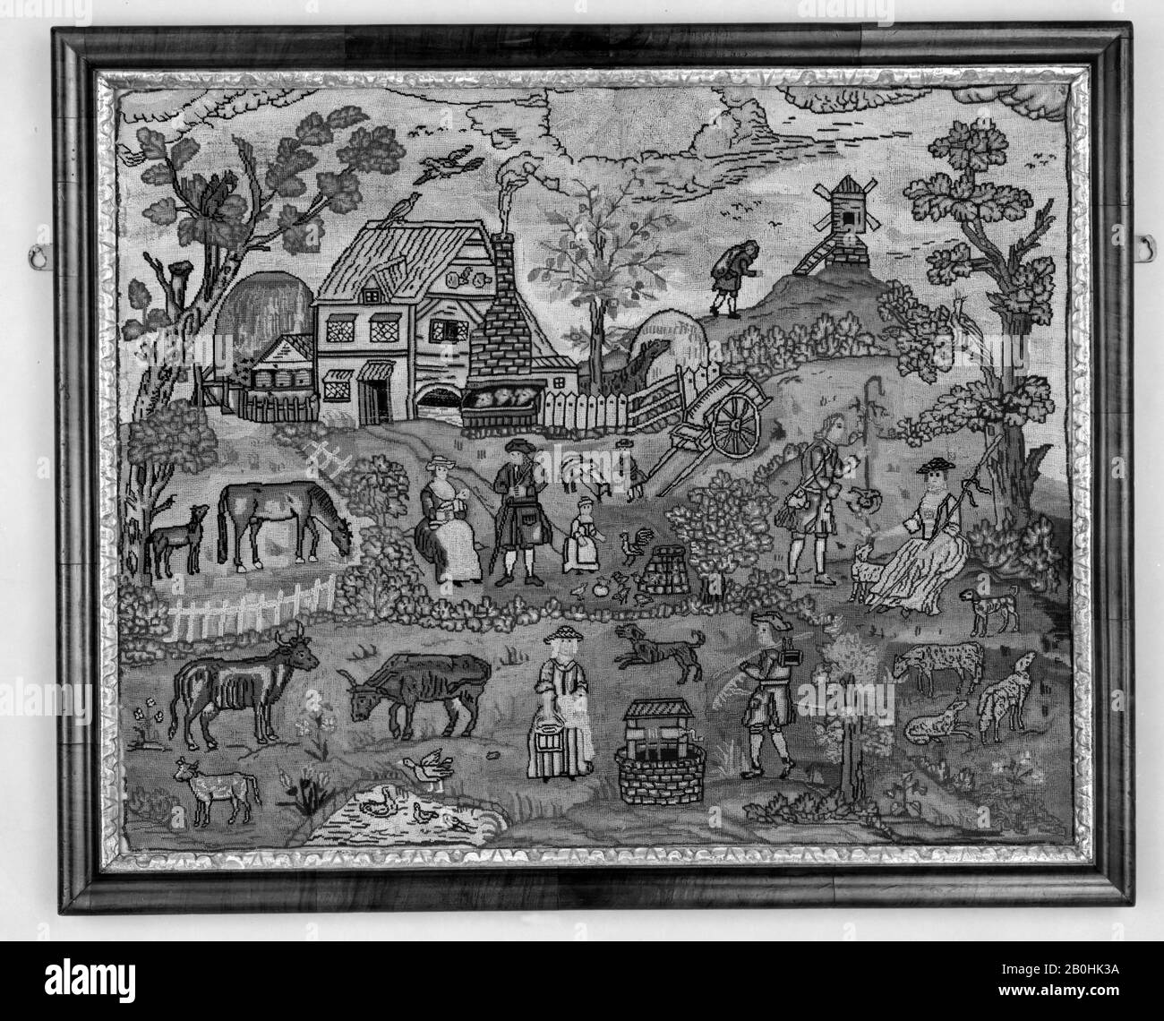 Immagine ricamata con scena cortile, British, primo quarto 18th secolo, British, Lana e seta su tela; cornice in legno intagliato e dorato, immagine Ricamata: 30 3/4 x 26 pollici. (78,1 x 66 cm), Ricamati con tessuti Foto Stock