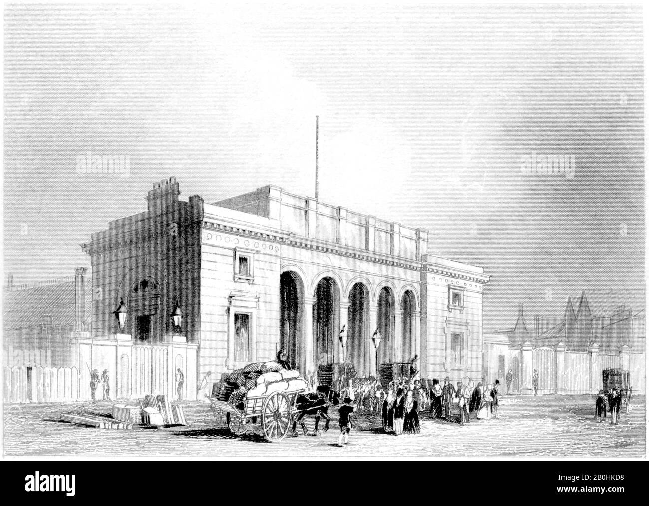 Un'incisione della stazione ferroviaria del sud-ovest Nove Elms, Londra scannerizzata ad alta risoluzione da un libro stampato in 1851.Credeva copyright libero. Foto Stock