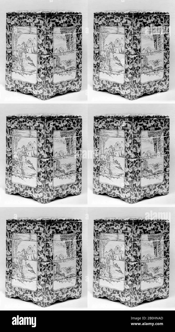 Tiered Box con Westerners e Paesaggi, Giappone, periodo Edo (1615–1868), Data seconda metà del 18th–inizio 19th secolo, Giappone, Faience decorato in stile Delft (Kyoto ware), H.9 7/8 in. (25,1 cm); W. 6 1/2 in. (16,5 cm); D. 6 1/2 in. (16,5 cm), ceramica Foto Stock