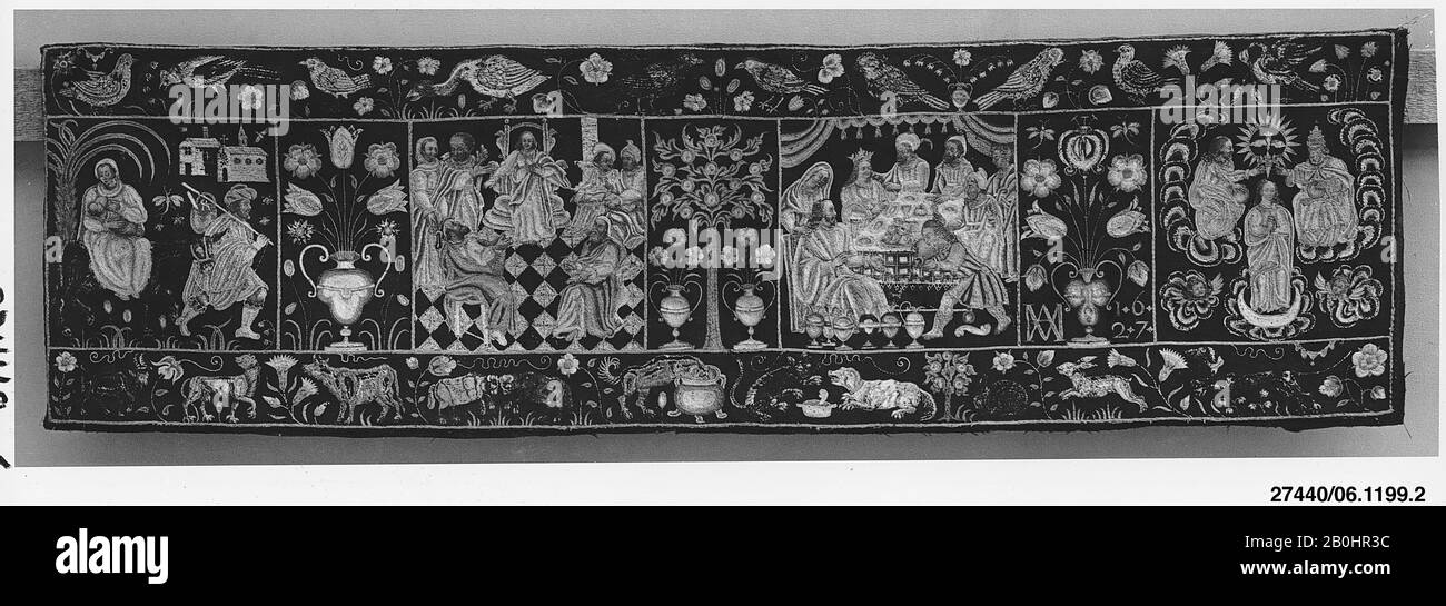 Confine con scene della vita di Cristo, tedesco meridionale, 1627, tedesco meridionale, seta e lana su lana, L. 50 x W. 14 pollici (127,0 x 35,6 cm), tessile-Ricamato Foto Stock