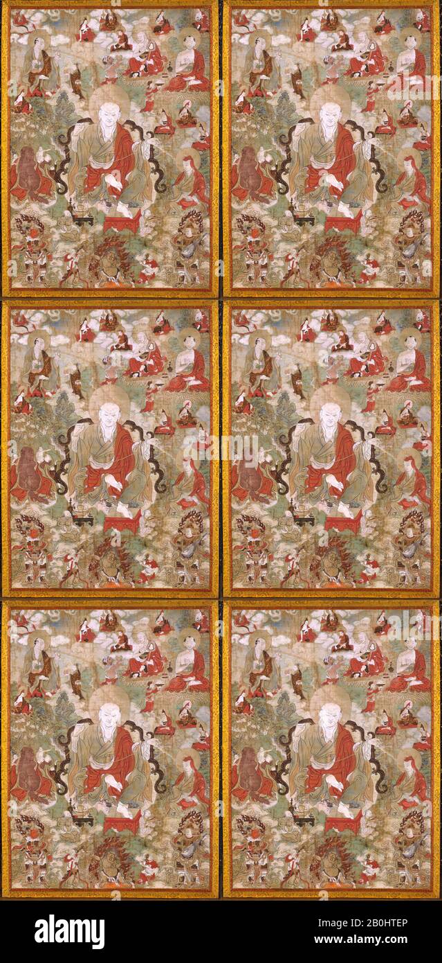 Artista non identificato, Luohan, Cina, dinastia Ming (1368–1644) o prima, artista non identificato, Cina, pannello Laterale di un trittico di quadri incorniciato; acquerello su lino, 31 1/8 × 22 1/2 in. (79,1 × 57,2 cm), Dipinti Foto Stock