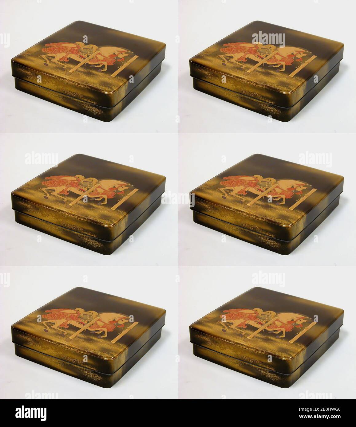 Tokimichi, Casella Di Scrittura con decorazione di un cavallo Tethered, Giappone, Tokimichi (giapponese, atto. CA. 1890), 19th secolo, Giappone, oro e rosso maki-e su lacca nera, H. 2 1/2 in. (6,4 cm); W. 8 1/2 in. (21,6 cm); L. 9 1/4 in. (23,5 cm), Lacquer Foto Stock