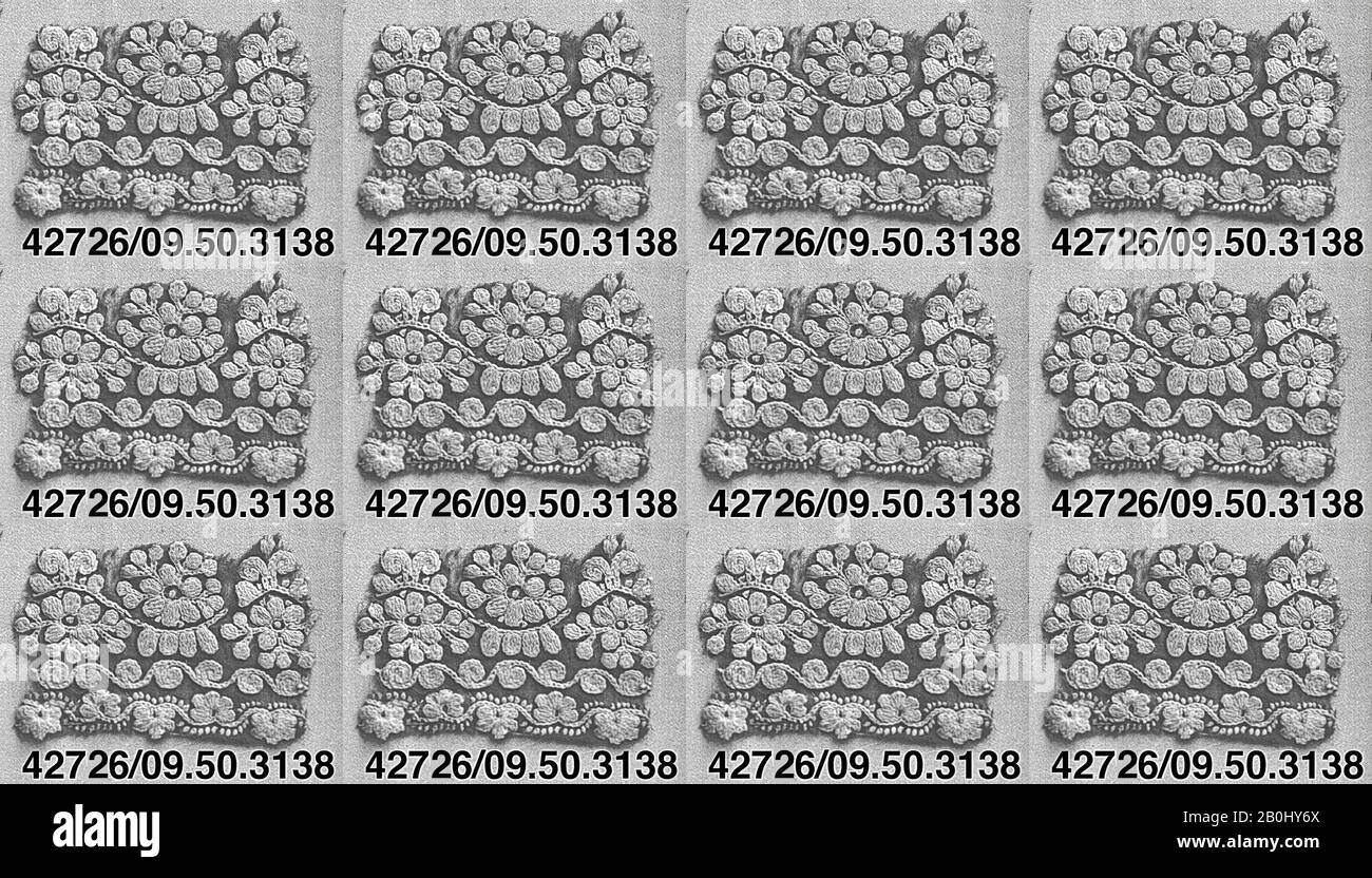 Frammento, austriaco, Moravia, 18th secolo, austriaco, Moravia, L. 3 3/8 x W. 1 3/8 pollici (8,6 x 3,5 cm), Ricamato con tessuti Foto Stock