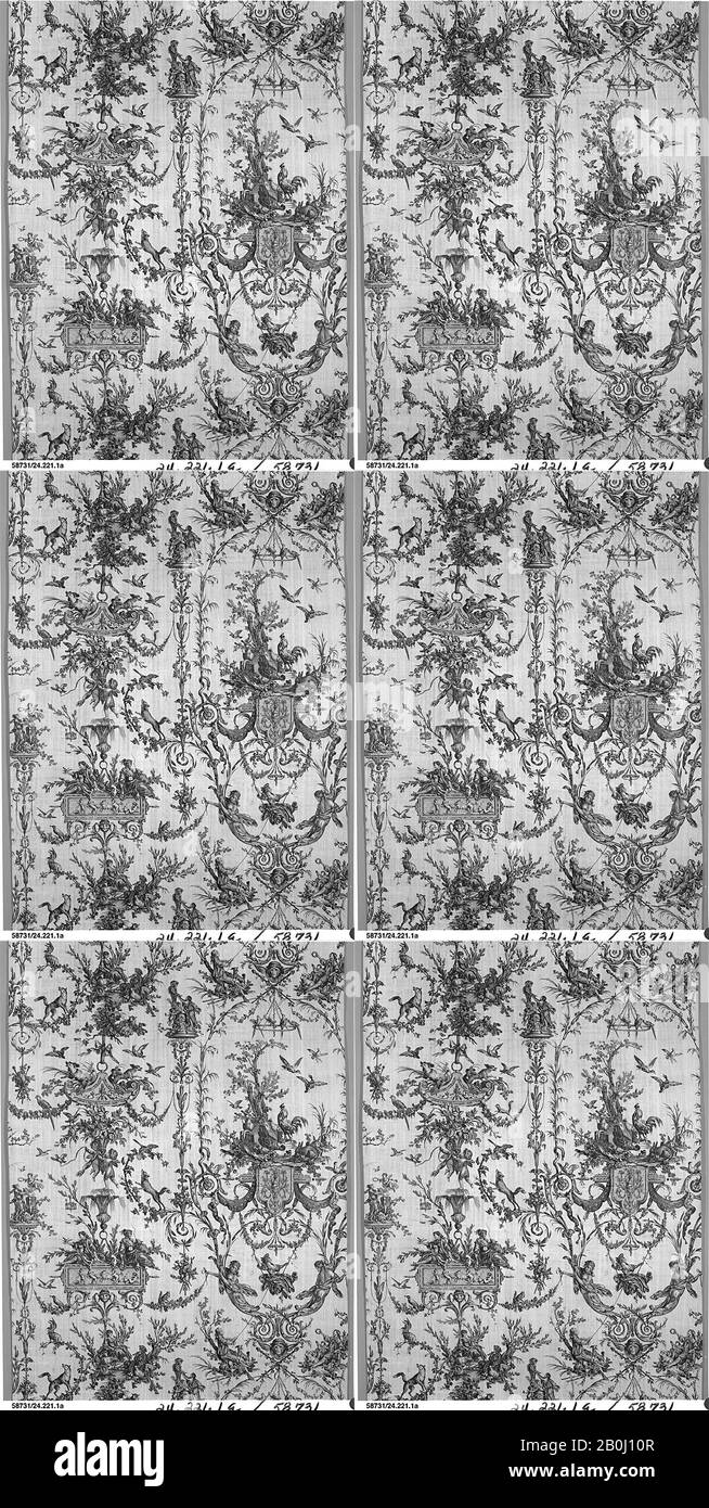 Oberkampf Manufactory, The Swing ('l'Escarpolette'), francese, Jouy-en-Josas, 1789, francese, Jouy-en-Josas, cotone, stampato in rame, a) L. 108 x W. 36 pollici (274,3 x 91,4 cm), b) L. 106 1/2 x W. 36 pollici (270,5 x 91,4 cm), c) L. L. 107 x W. 36 pollici (271,8 x 91,4 cm), Textiles-Printed Foto Stock