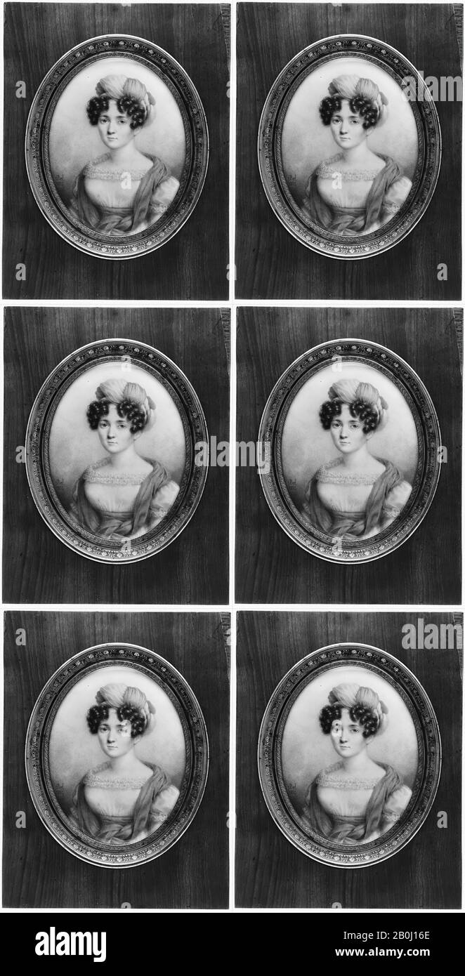Rudolphe Bel, Ritratto di una donna, Rudolphe Bel (svizzero, attivo dal 1822–morto 1849), 1822, carta stirata su metallo, ovale, 5 x 3 1/2 in. (126 x 88 mm), miniature Foto Stock