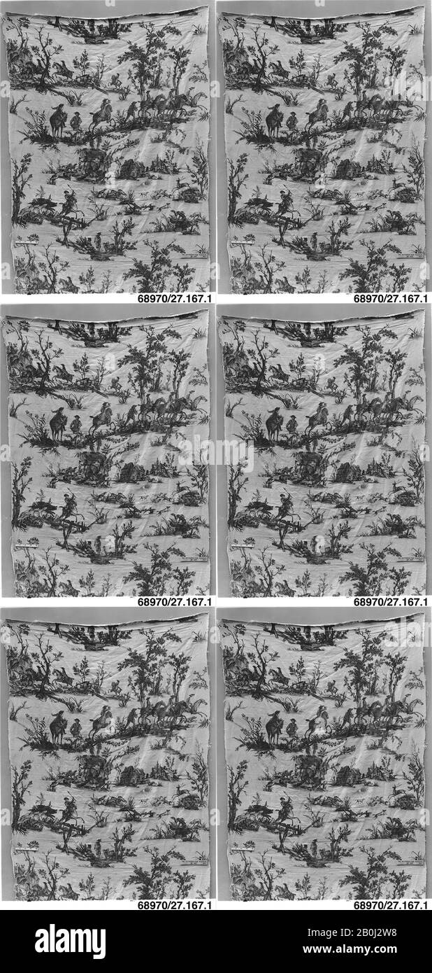 Oberkampf Manufactory, 'Scene Di Caccia', Francese, Jouy-En-Josas, Ca. 1780, francese, Jouy-en-Josas, lino, L. 84 1/2 x W. 36 pollici, 214,6 x 91,4 cm, Textiles-Printed Foto Stock