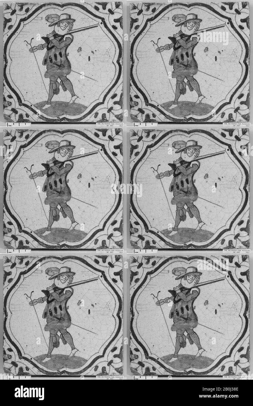 Piastrella, olandese, 1620–40, olandese, terracotta smaltata in stagno, Totale (piastrella): 5 3/8 × 5 3/8 × 9/16 in. (13,7 × 13,7 × 1,4 cm), Totale (pannello intero): 31 × 21 1/4 in. (78,7 × 54 cm), ceramica-ceramica Foto Stock