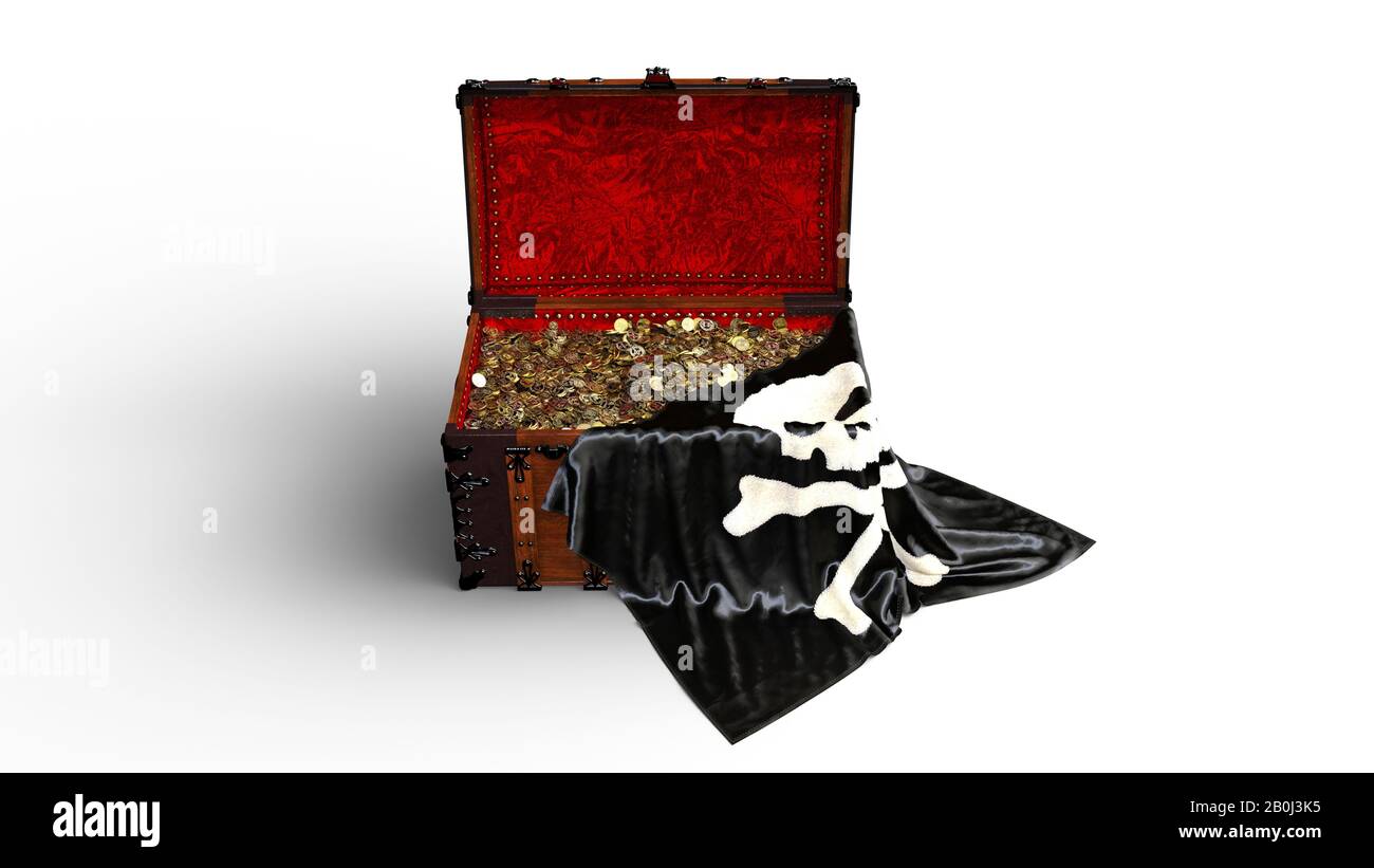 Cassa del tesoro pirata con monete d'oro e bandiera del cranio pirata isolato su sfondo bianco, vista frontale, rendering 3D Foto Stock