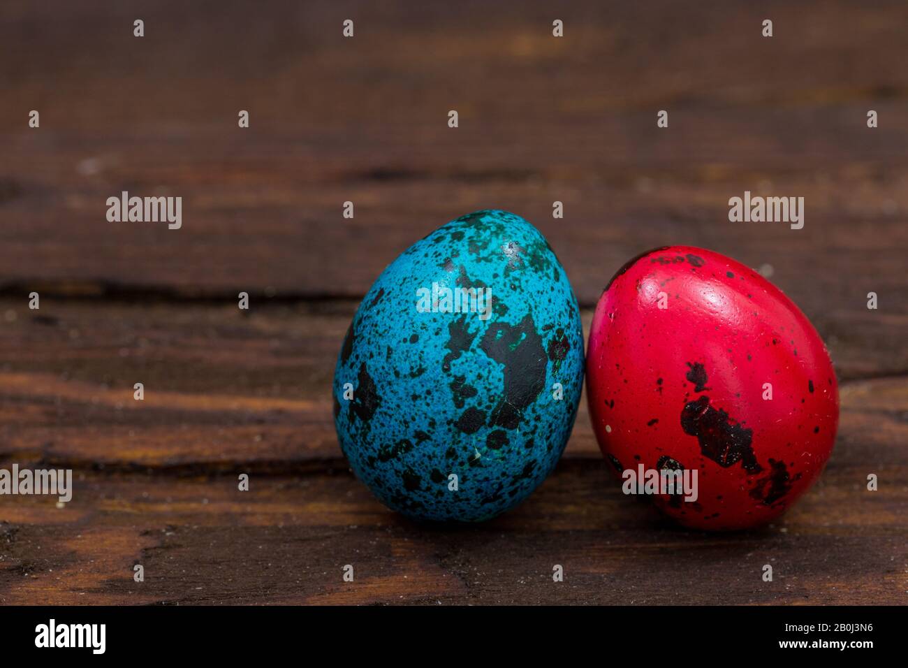 Uova di quaglia dipinte tradizionalmente su uno sfondo di legno. Buona Pasqua / luogo per il testo Foto Stock