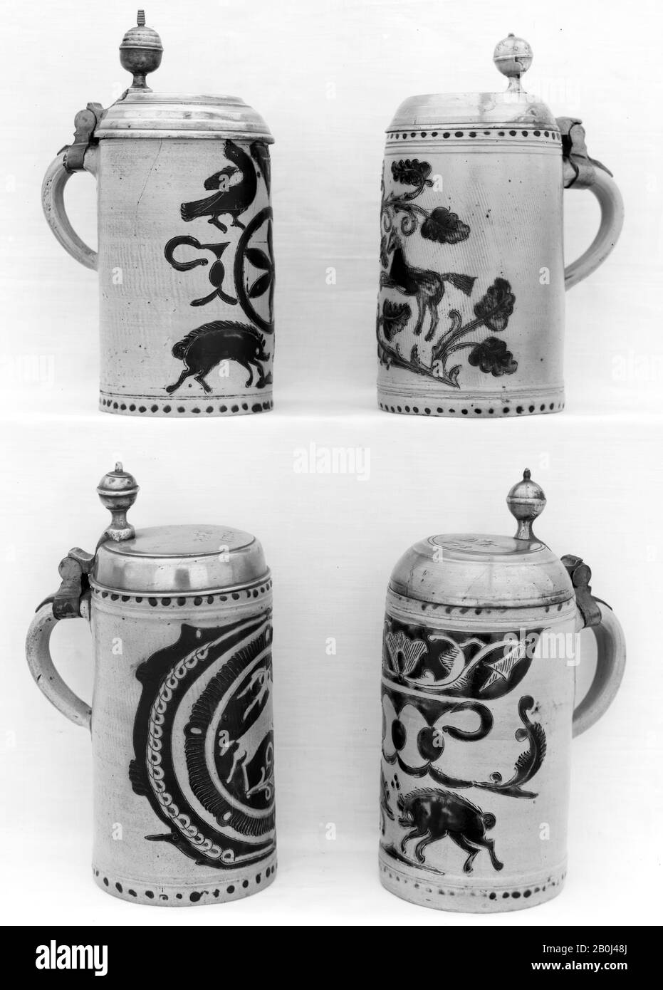 Tankard (Stein), tedesco, Westerwald, 18th secolo, tedesco, Westerwald, Gres; pewter, altezza: 9 1/8 in. (23,2 cm), ceramica-ceramica Foto Stock